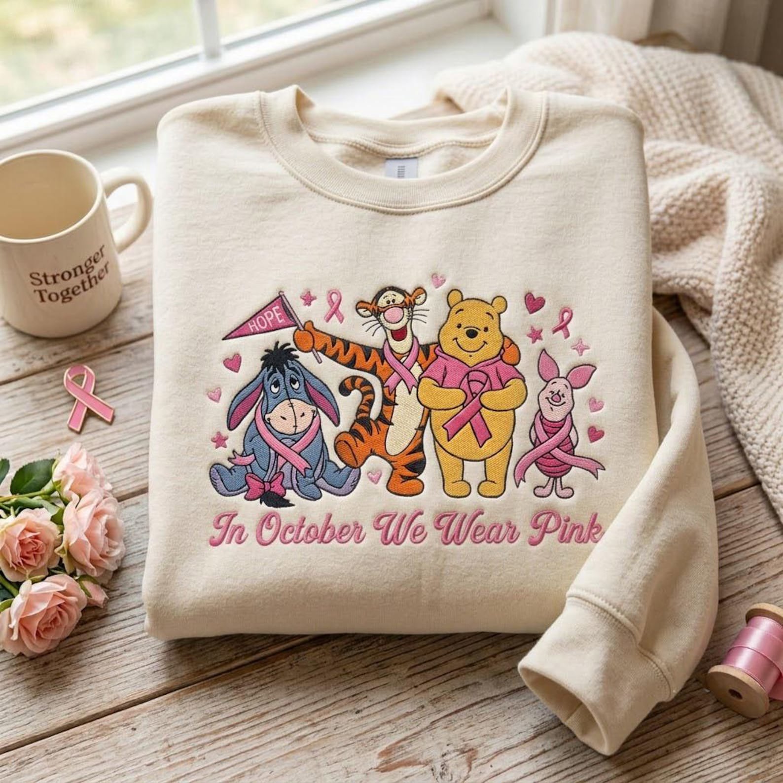 Breast Cancer Awareness Embroidered Sweatshirt, In October We Wear Pink Crewneck, Cute Animal Friends Support Shirt, October Gift Idea 2