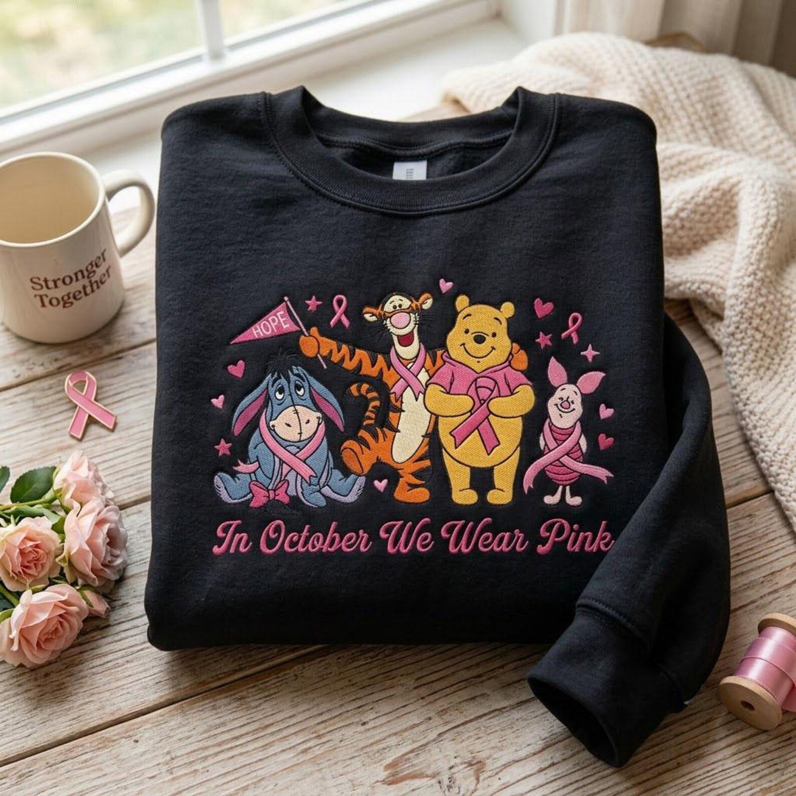 Breast Cancer Awareness Embroidered Sweatshirt, In October We Wear Pink Crewneck, Cute Animal Friends Support Shirt, October Gift Idea 1