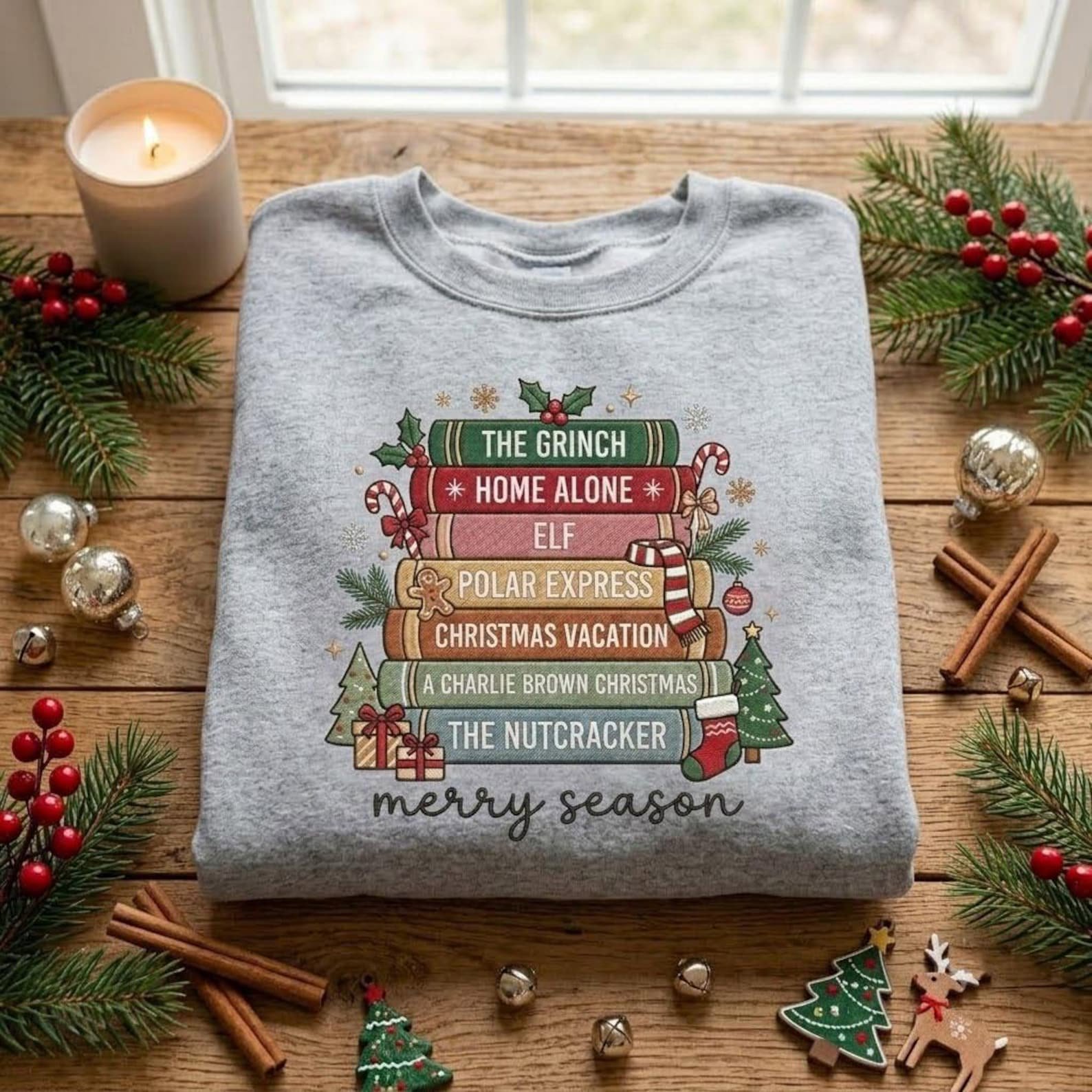Holiday Movie Sweatshirt, Embroidered Christmas Book Stack Crewneck, Merry Season Festive Shirt, Cozy Christmas Movie Night Gift 3