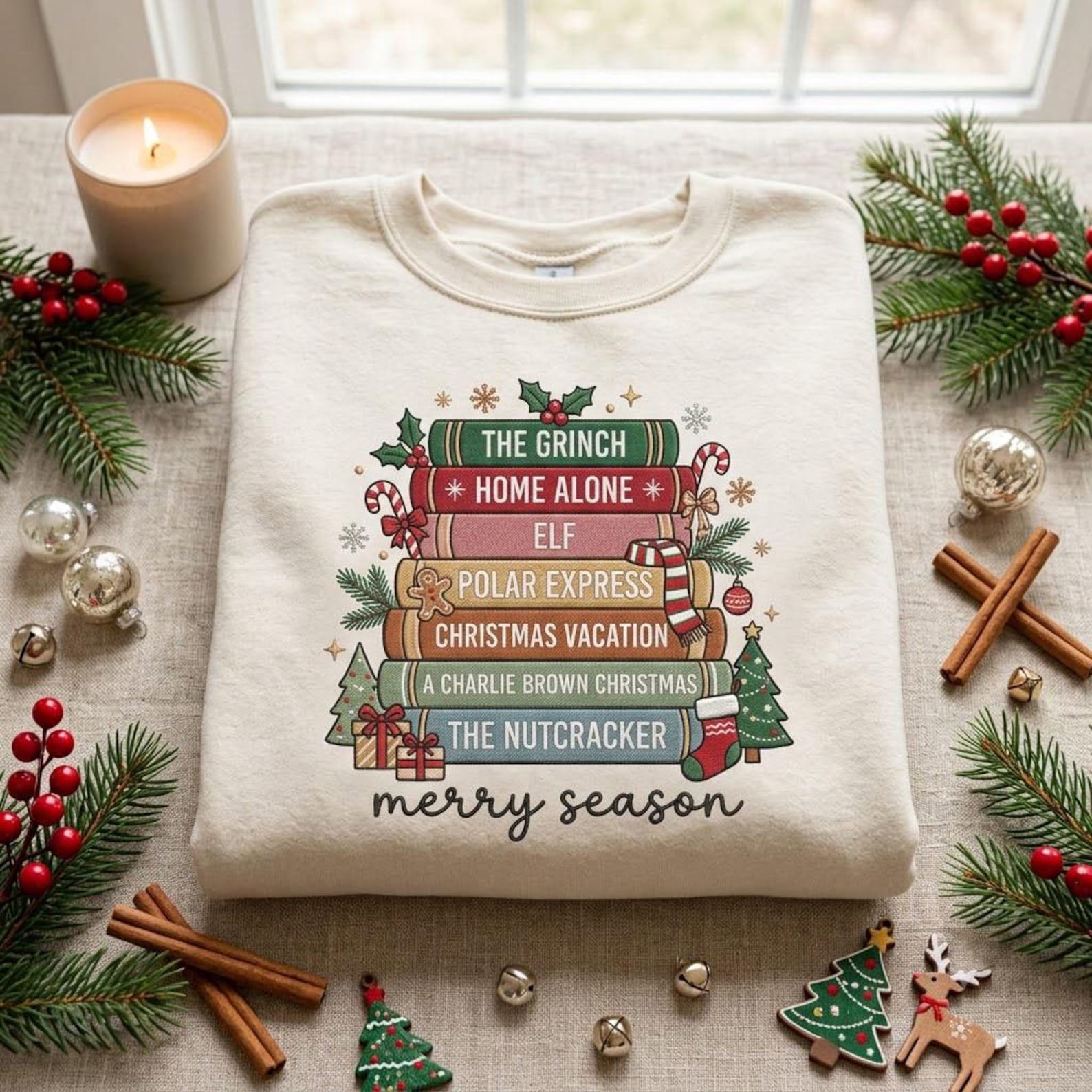 Holiday Movie Sweatshirt, Embroidered Christmas Book Stack Crewneck, Merry Season Festive Shirt, Cozy Christmas Movie Night Gift 2