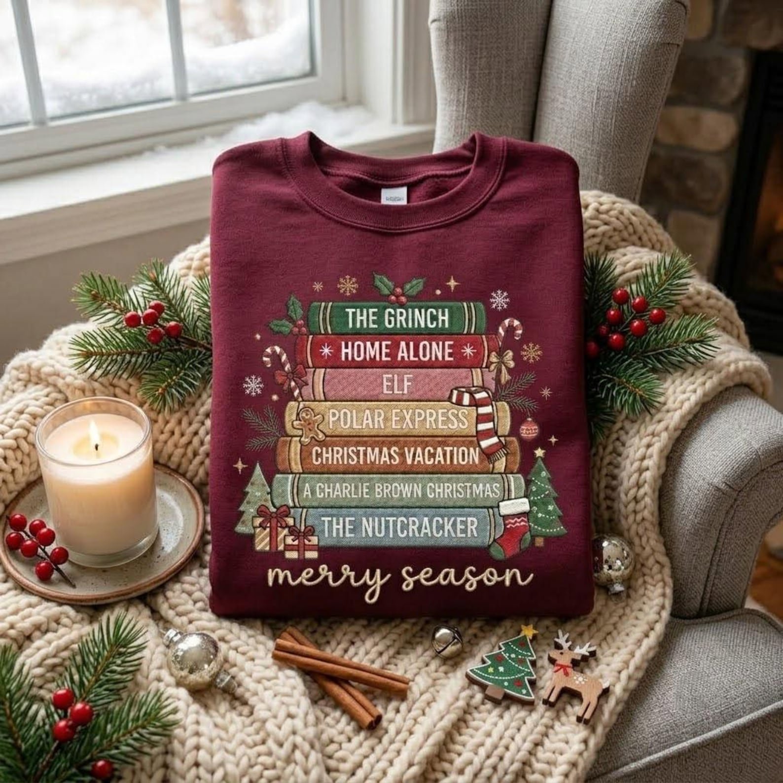 Holiday Movie Sweatshirt, Embroidered Christmas Book Stack Crewneck, Merry Season Festive Shirt, Cozy Christmas Movie Night Gift 1