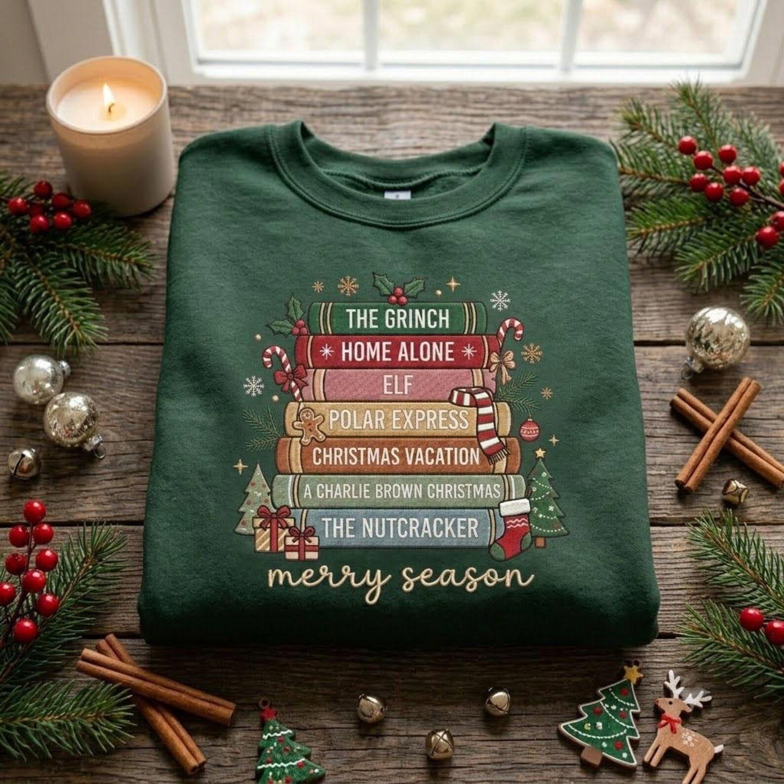 Holiday Movie Sweatshirt, Embroidered Christmas Book Stack Crewneck, Merry Season Festive Shirt, Cozy Christmas Movie Night Gift 4