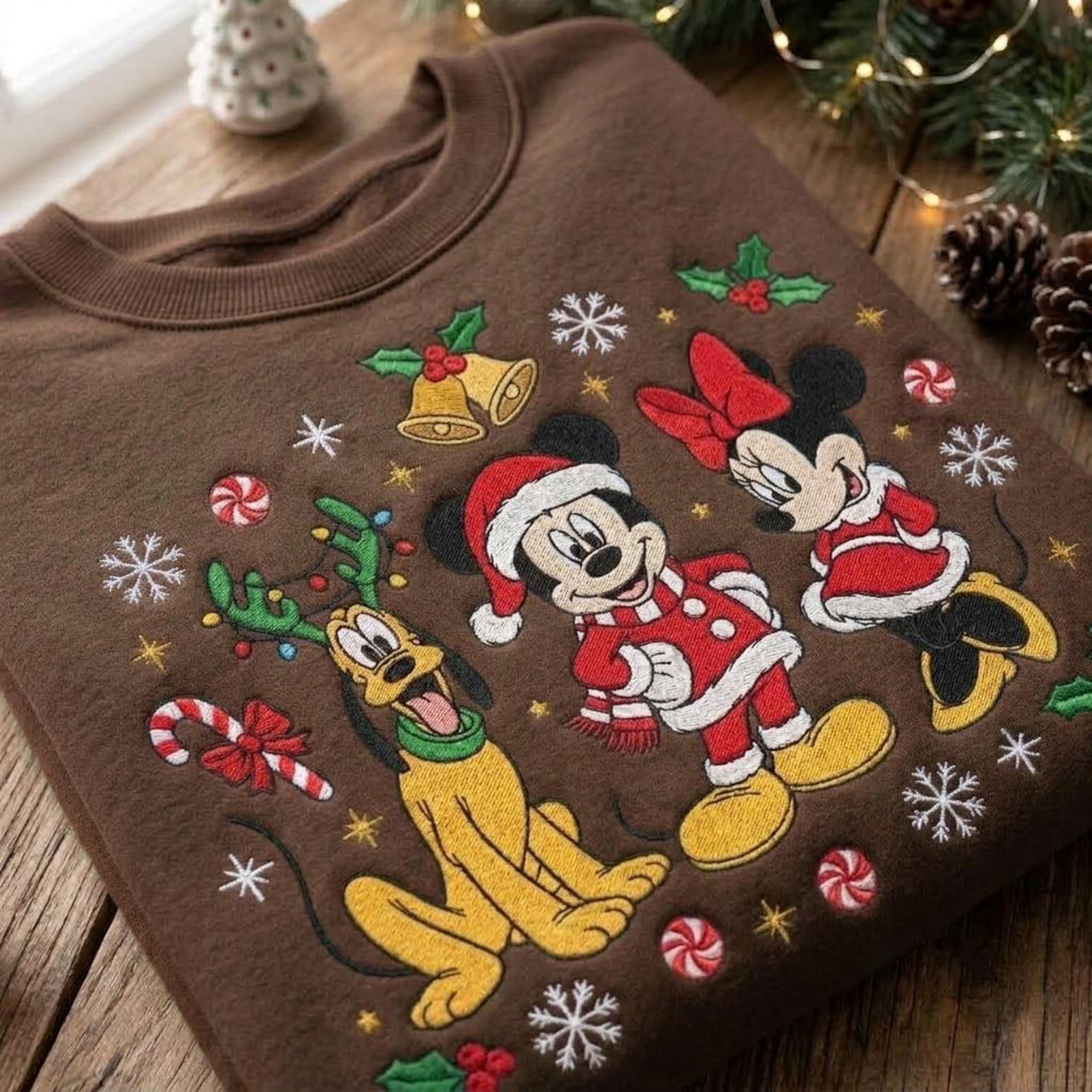 Festive Mouse Friends Embroidered Sweatshirt, Christmas Character Crewneck, Santa Holiday Outfit Design, Cute Winter Cartoon Gift Idea 3