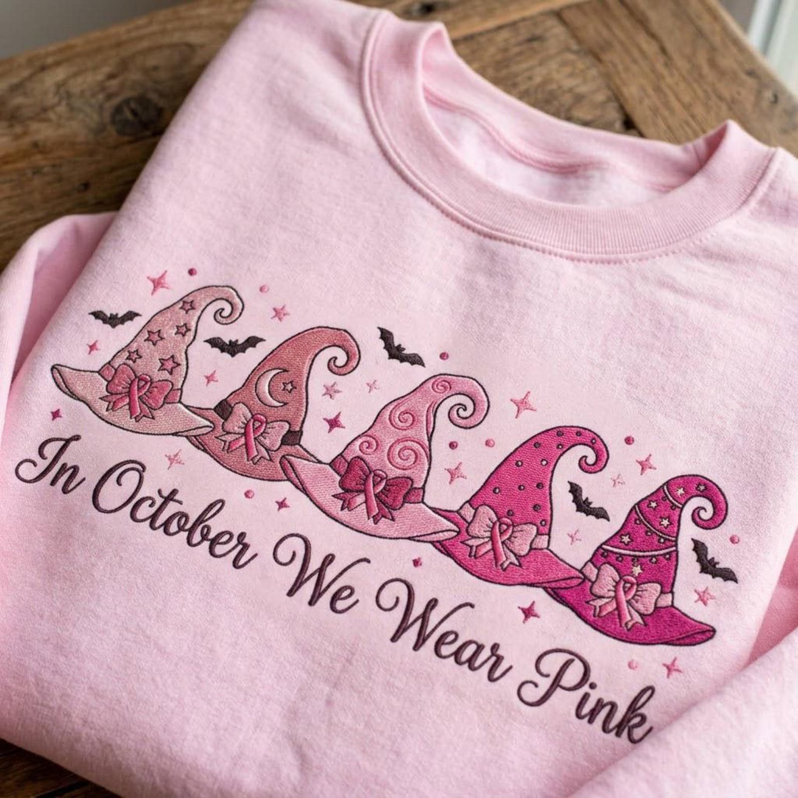 In October We Wear Pink Embroidered Sweatshirt, Pink Witch Hat Halloween Crewneck, Breast Cancer Awareness Shirt, Spooky Season Gift 2