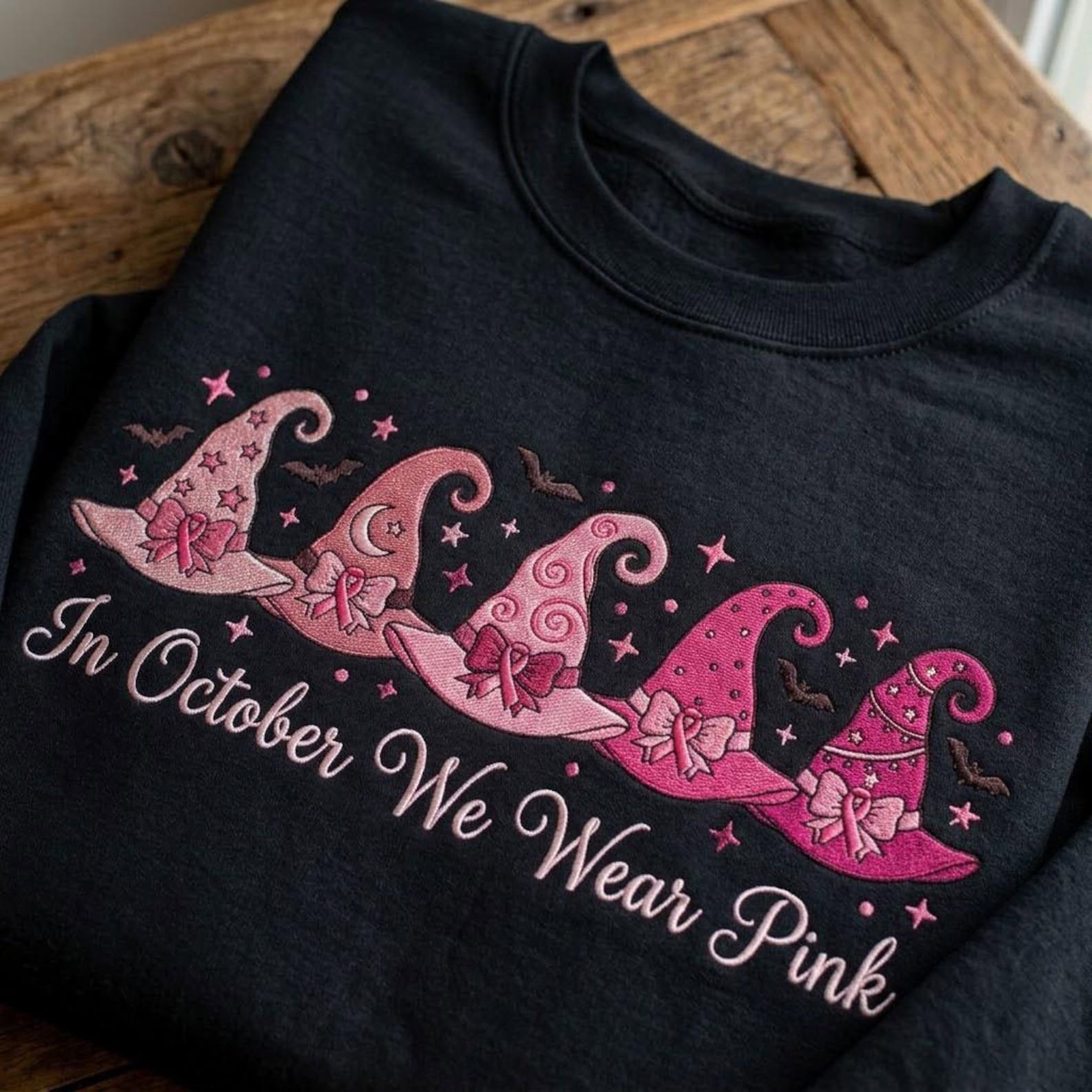 In October We Wear Pink Embroidered Sweatshirt, Pink Witch Hat Halloween Crewneck, Breast Cancer Awareness Shirt, Spooky Season Gift 1