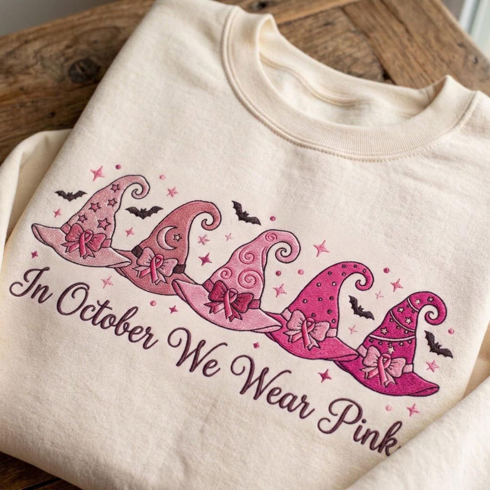 In October We Wear Pink Embroidered Sweatshirt, Pink Witch Hat Halloween Crewneck, Breast Cancer Awareness Shirt, Spooky Season Gift 3