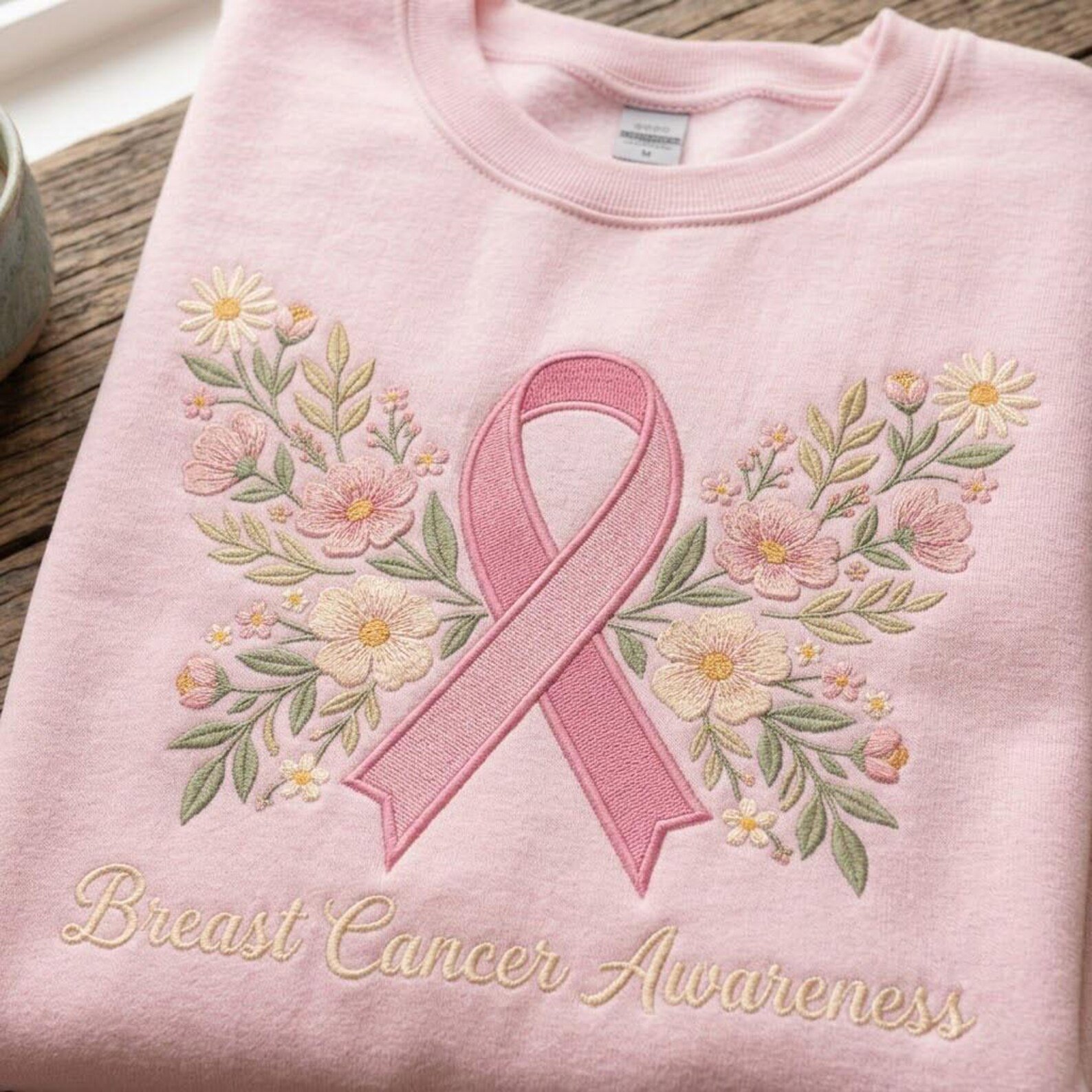 Embroidered Breast Cancer Awareness Sweatshirt, Floral Pink Ribbon Crewneck, Survivor Support Shirt, Fighter Warrior October Gift 2