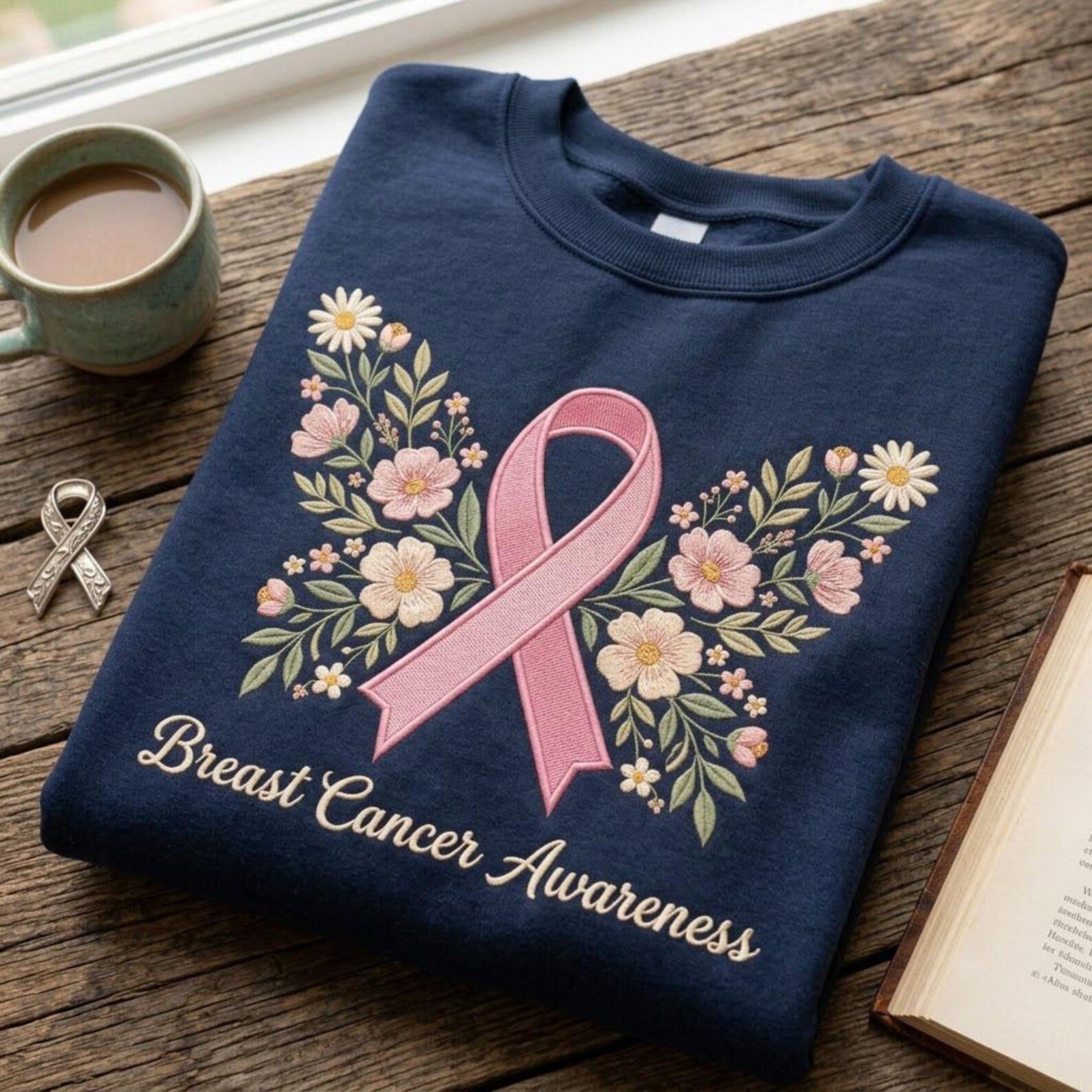 Embroidered Breast Cancer Awareness Sweatshirt, Floral Pink Ribbon Crewneck, Survivor Support Shirt, Fighter Warrior October Gift 1
