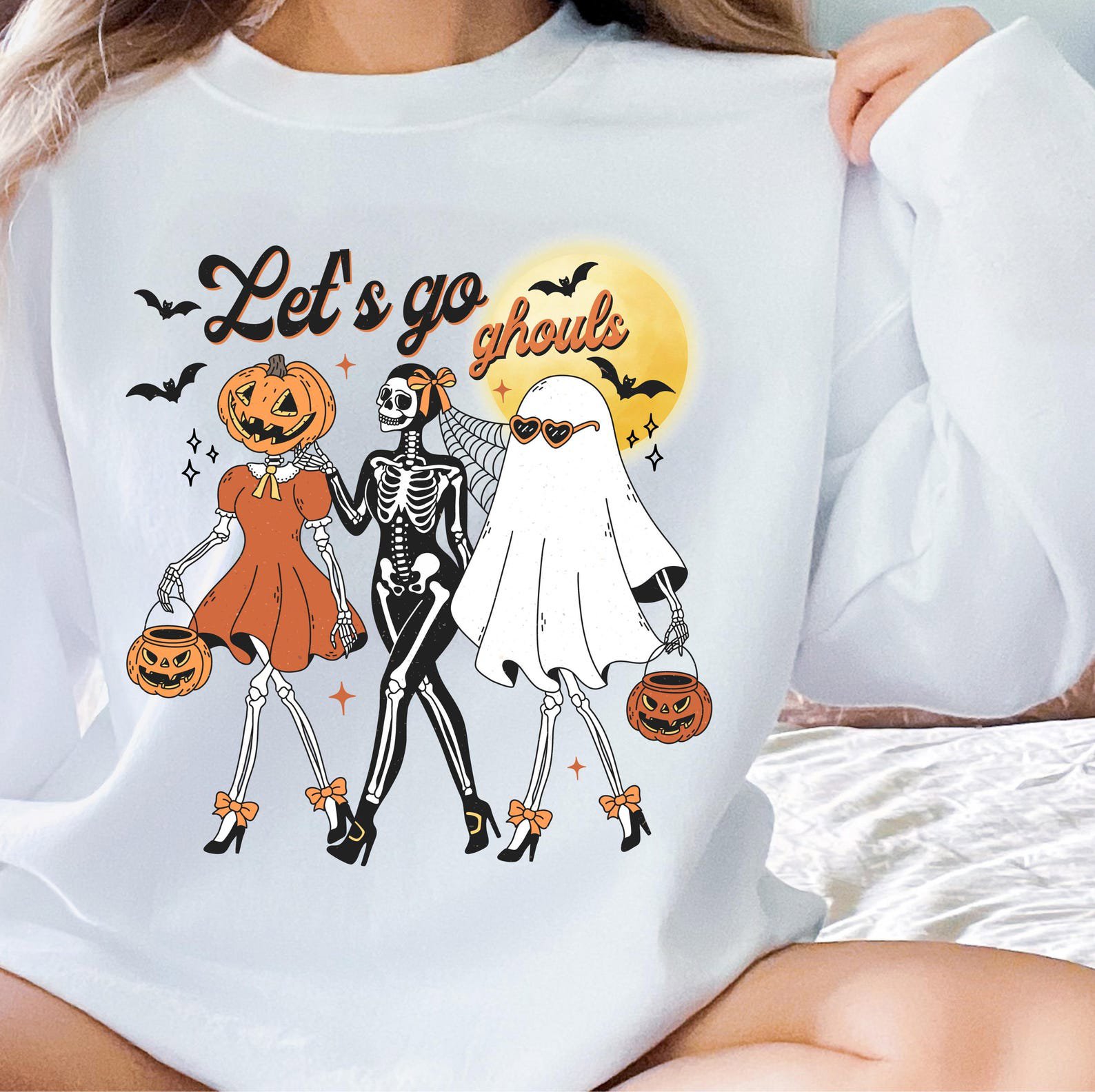 Let's Go Ghouls Halloween Sweatshirt, Retro Girls Night Out Skeleton Squad Shirt 1