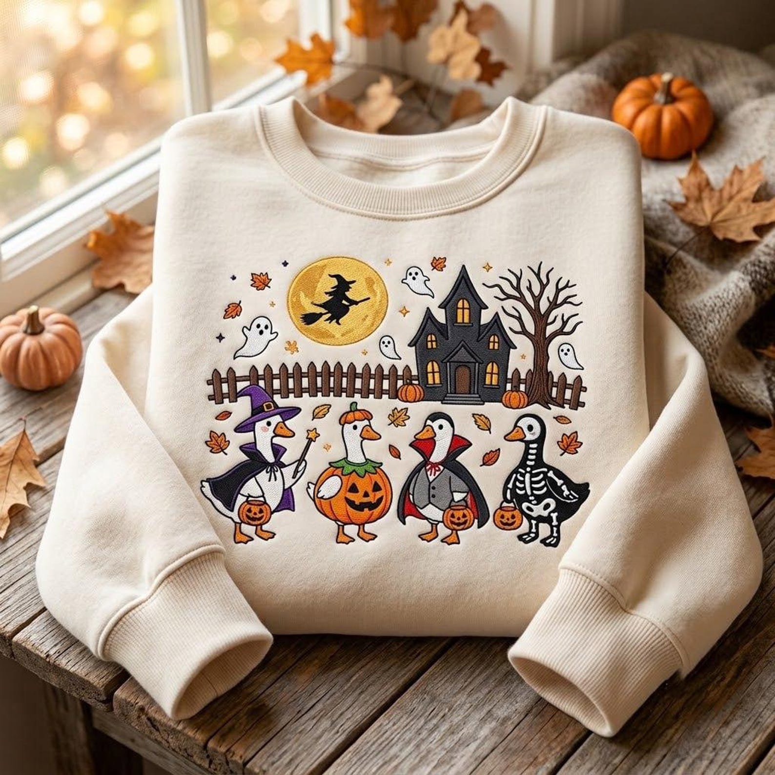 Halloween Goose Crewneck, Embroidered Witch Vampire Pumpkin Skeleton Sweatshirt, Cute Spooky Season Trick or Treat Autumn Gift 4