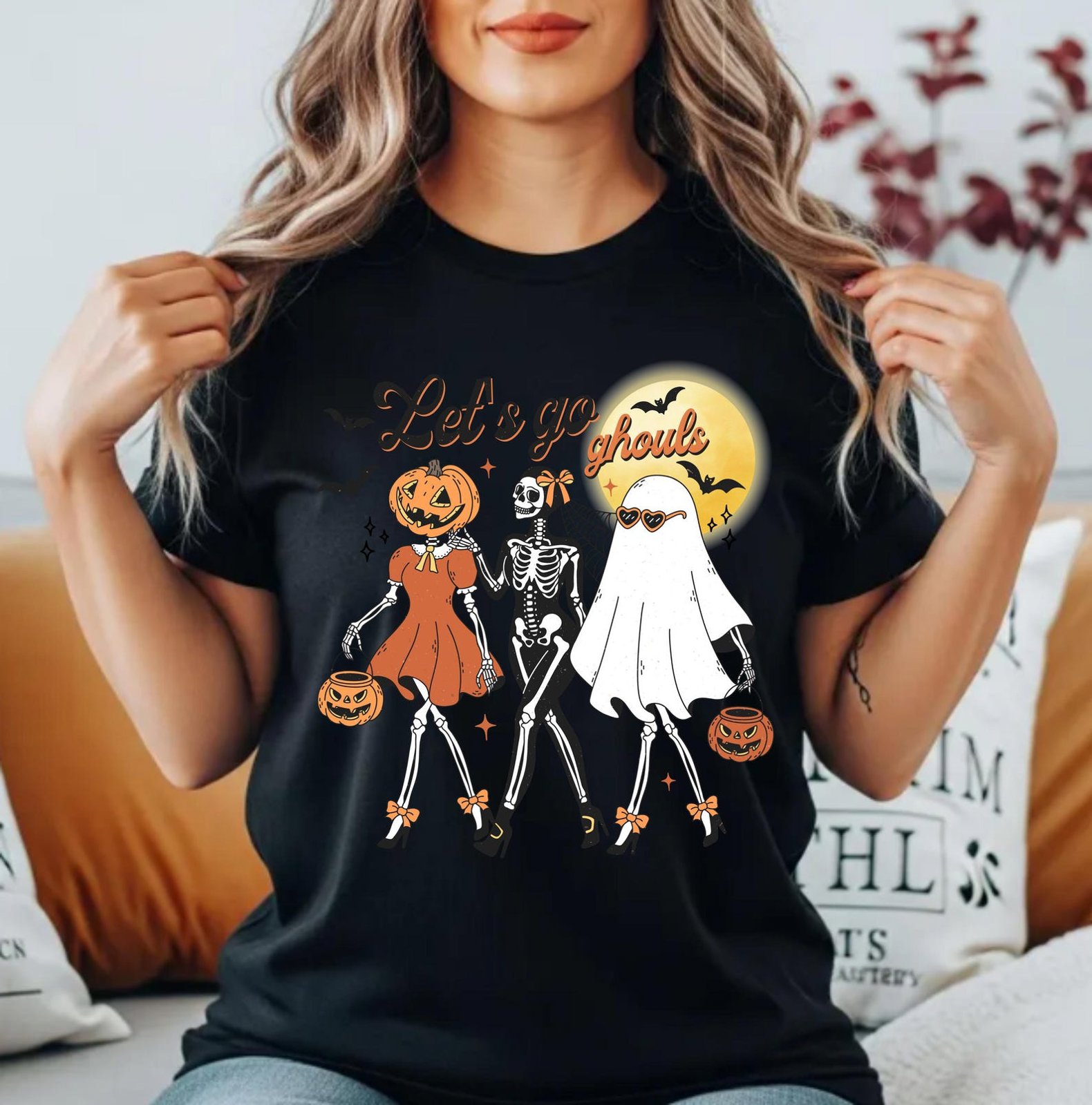Let's Go Ghouls Halloween Sweatshirt, Retro Girls Night Out Skeleton Squad Shirt 7