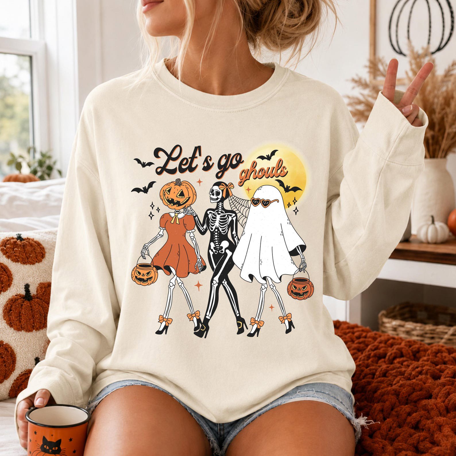 Let's Go Ghouls Halloween Sweatshirt, Retro Girls Night Out Skeleton Squad Shirt 9