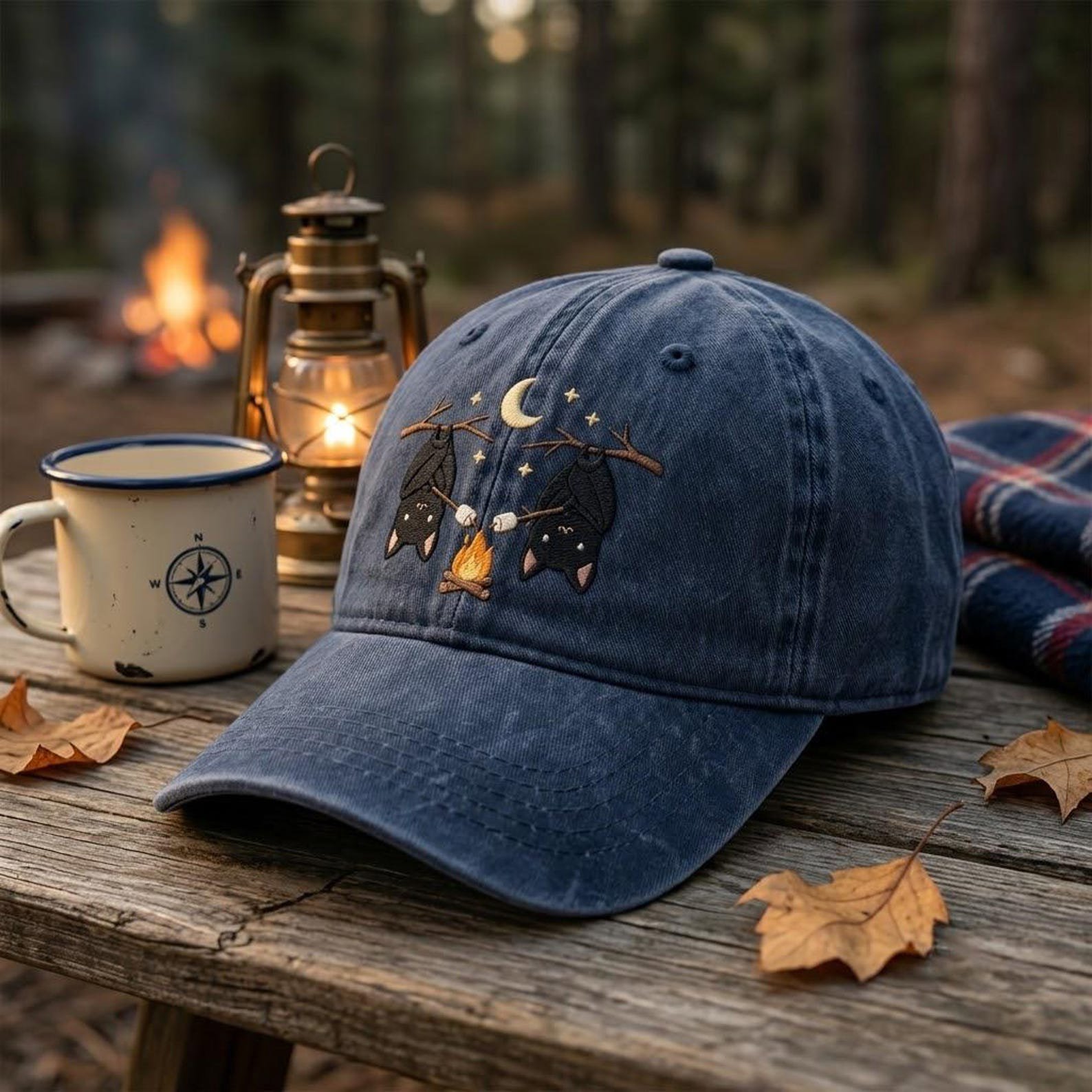 Embroidered Bat Camping Hat, Cute Campfire Dad Cap, Spooky Outdoor Baseball Hat, Cozy Halloween Gift Idea for Campers and Bat Lovers 3
