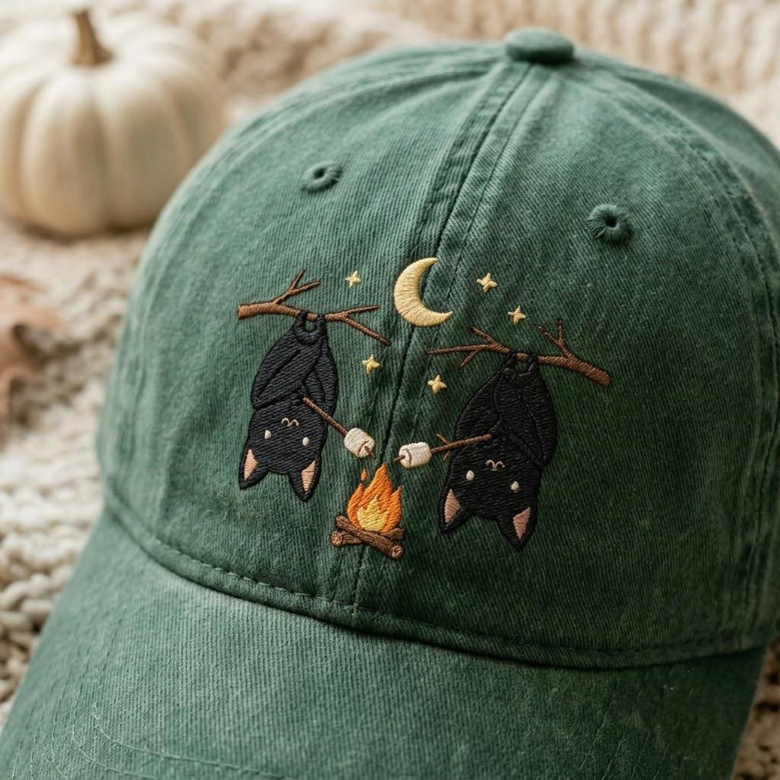 Embroidered Bat Camping Hat, Cute Campfire Dad Cap, Spooky Outdoor Baseball Hat, Cozy Halloween Gift Idea for Campers and Bat Lovers 2