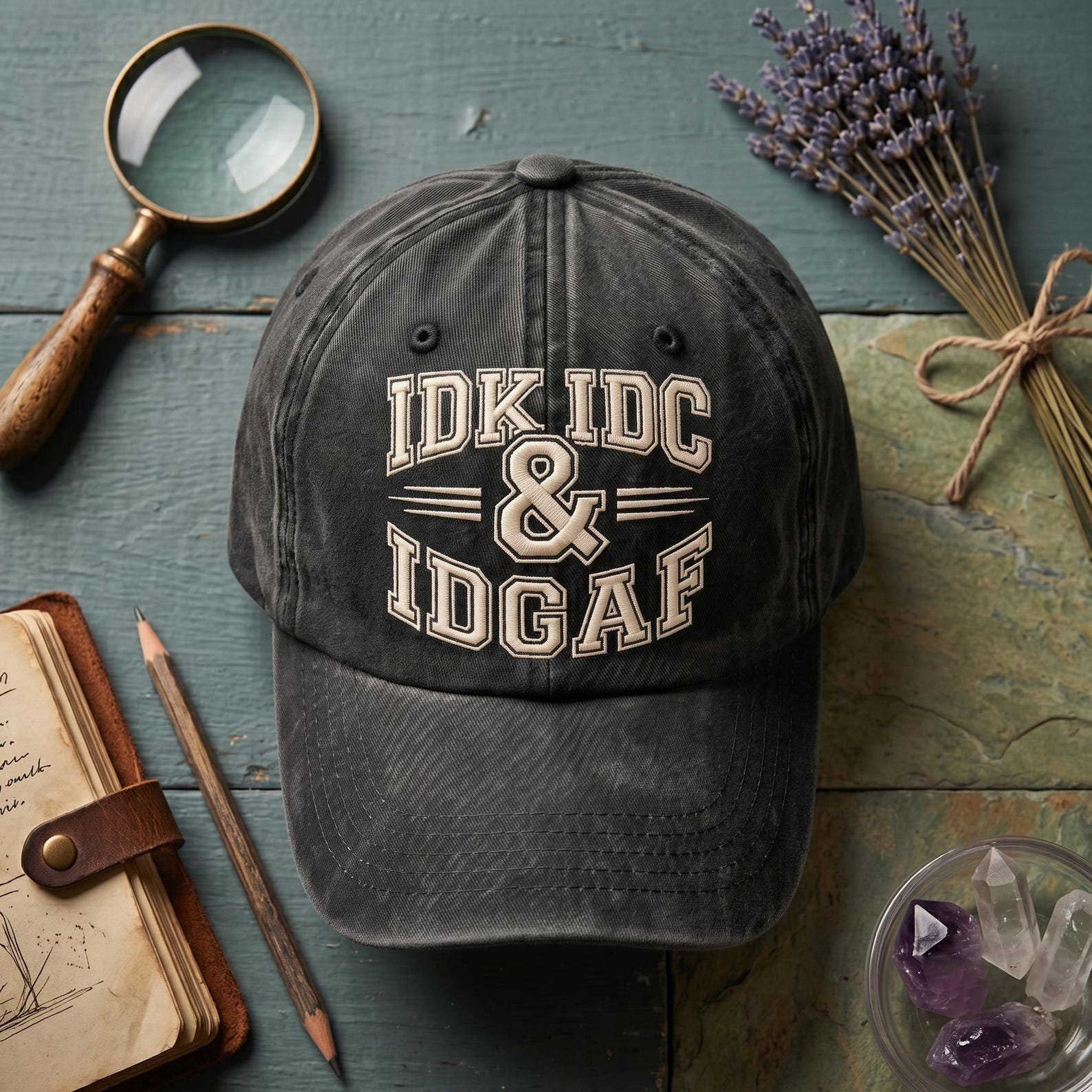 Funny IDK IDC IDGAF Embroidered Hat, Sarcastic Vintage Washed Dad Cap, Bold Attitude Quote Hat, Funny Gag Gift 2