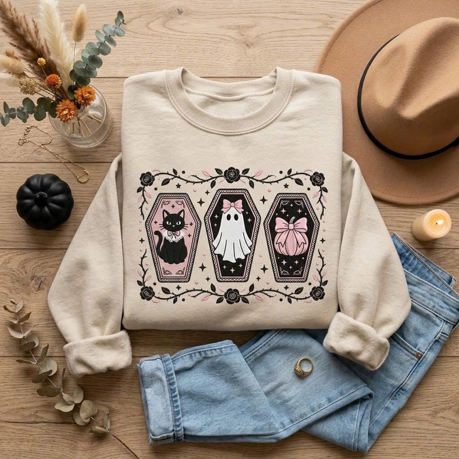 Pink Bow Halloween Embroidered Sweatshirt, Coquette Ghost Black Cat Pumpkin Crewneck, Cute Coffin Spooky Shirt, Girly Gothic Gift 2