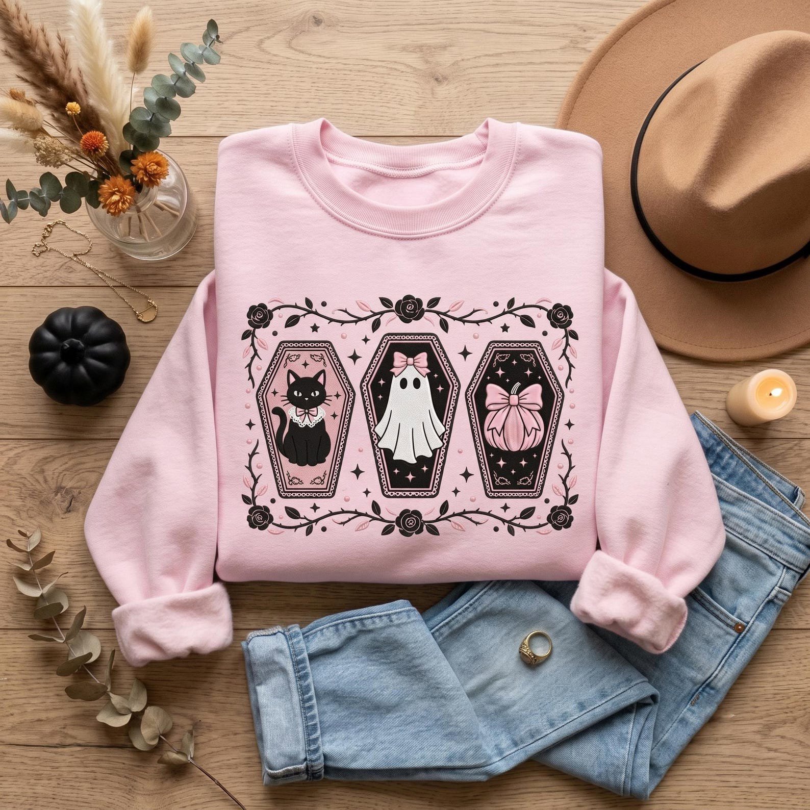 Pink Bow Halloween Embroidered Sweatshirt, Coquette Ghost Black Cat Pumpkin Crewneck, Cute Coffin Spooky Shirt, Girly Gothic Gift 3