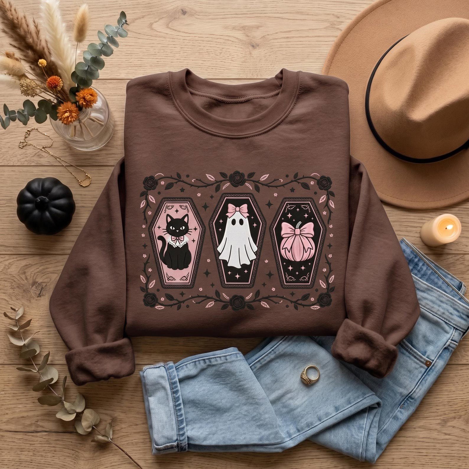 Pink Bow Halloween Embroidered Sweatshirt, Coquette Ghost Black Cat Pumpkin Crewneck, Cute Coffin Spooky Shirt, Girly Gothic Gift 1