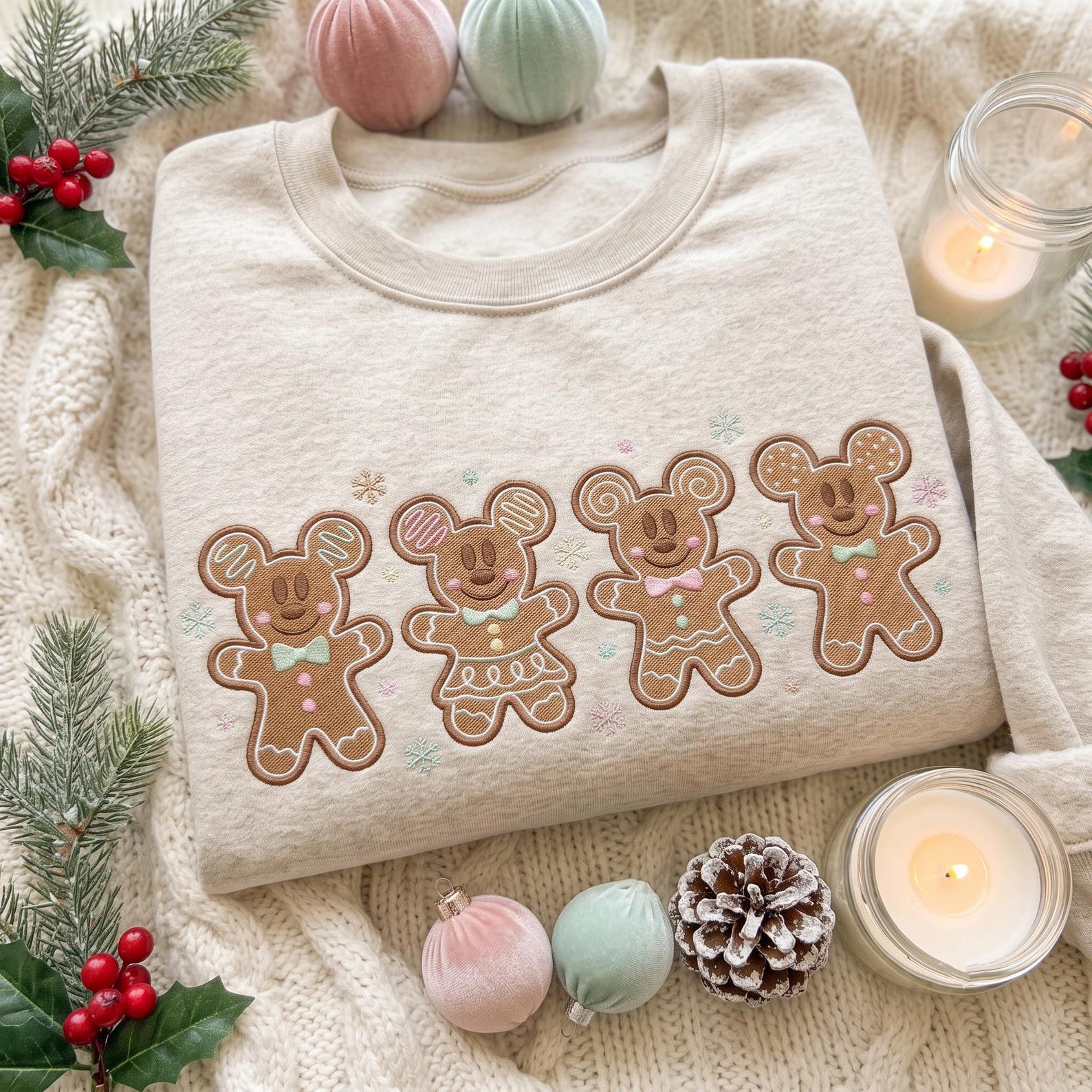 Christmas Gingerbread Mouse Embroidered Sweatshirt, Cute Cookie Character Crewneck, Pastel Holiday Shirt, Festive Christmas Outfit 2