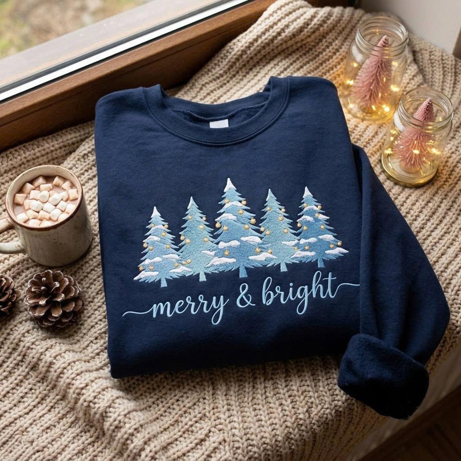 Christmas Tree Embroidered Sweatshirt, Merry and Bright Holiday Crewneck, Snowy Winter Forest Shirt, Cozy Christmas Season Gift 3