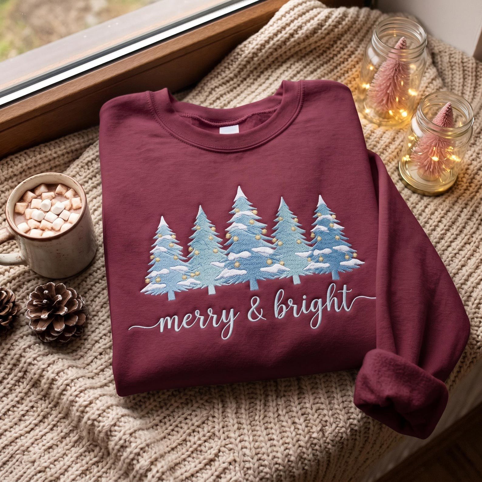 Christmas Tree Embroidered Sweatshirt, Merry and Bright Holiday Crewneck, Snowy Winter Forest Shirt, Cozy Christmas Season Gift 1