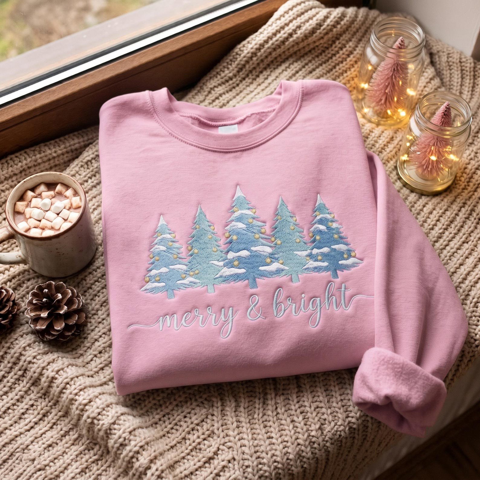 Christmas Tree Embroidered Sweatshirt, Merry and Bright Holiday Crewneck, Snowy Winter Forest Shirt, Cozy Christmas Season Gift 2