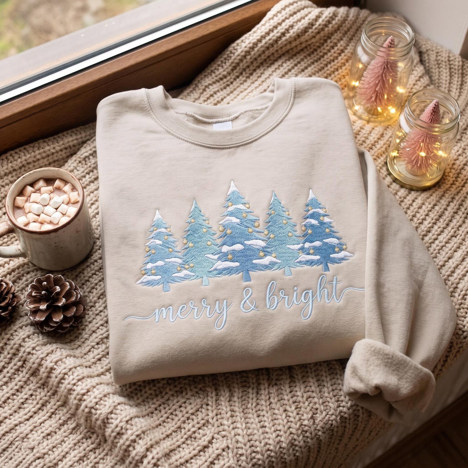 Christmas Tree Embroidered Sweatshirt, Merry and Bright Holiday Crewneck, Snowy Winter Forest Shirt, Cozy Christmas Season Gift 4