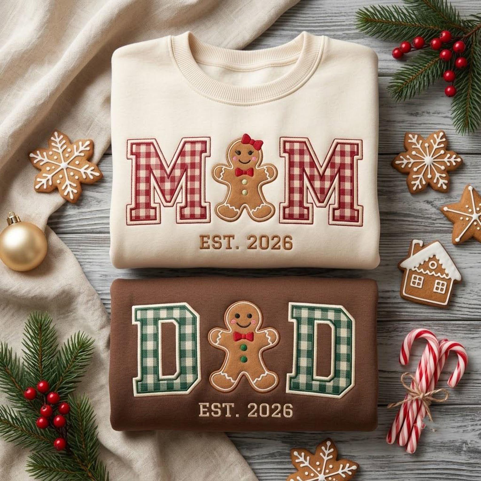 Mom Dad Gingerbread Embroidered Sweatshirt, Gingham Applique Christmas Crewneck, Matching Parents Holiday Shirt, Family Christmas Gift 1