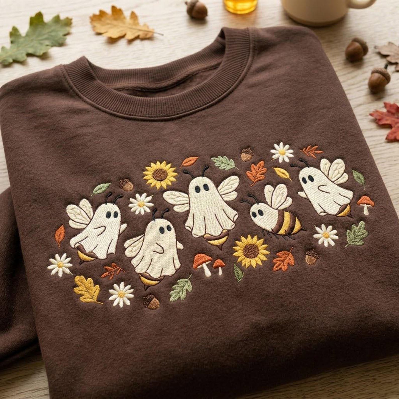 Ghost Bee Embroidered Sweatshirt, Cute Spooky Bumblebee Crewneck, Floral Mushroom Fall Shirt, Whimsical Halloween Autumn Gift 1