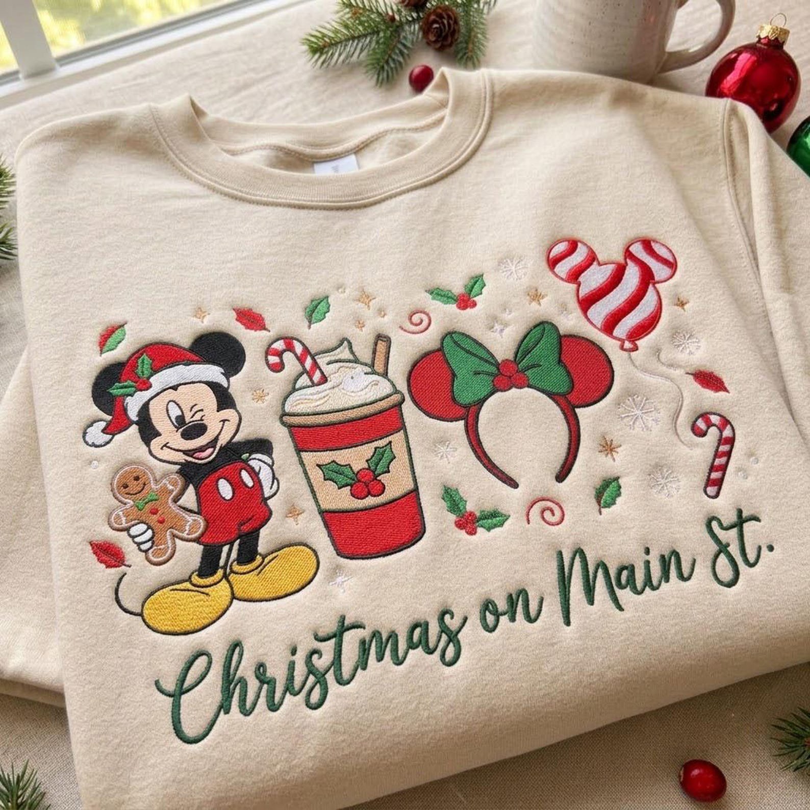 Christmas on Main St Embroidered Sweatshirt, Festive Mouse Holiday Crewneck, Gingerbread Coffee Candy Cane Design, Magical Winter Trip Gift 2