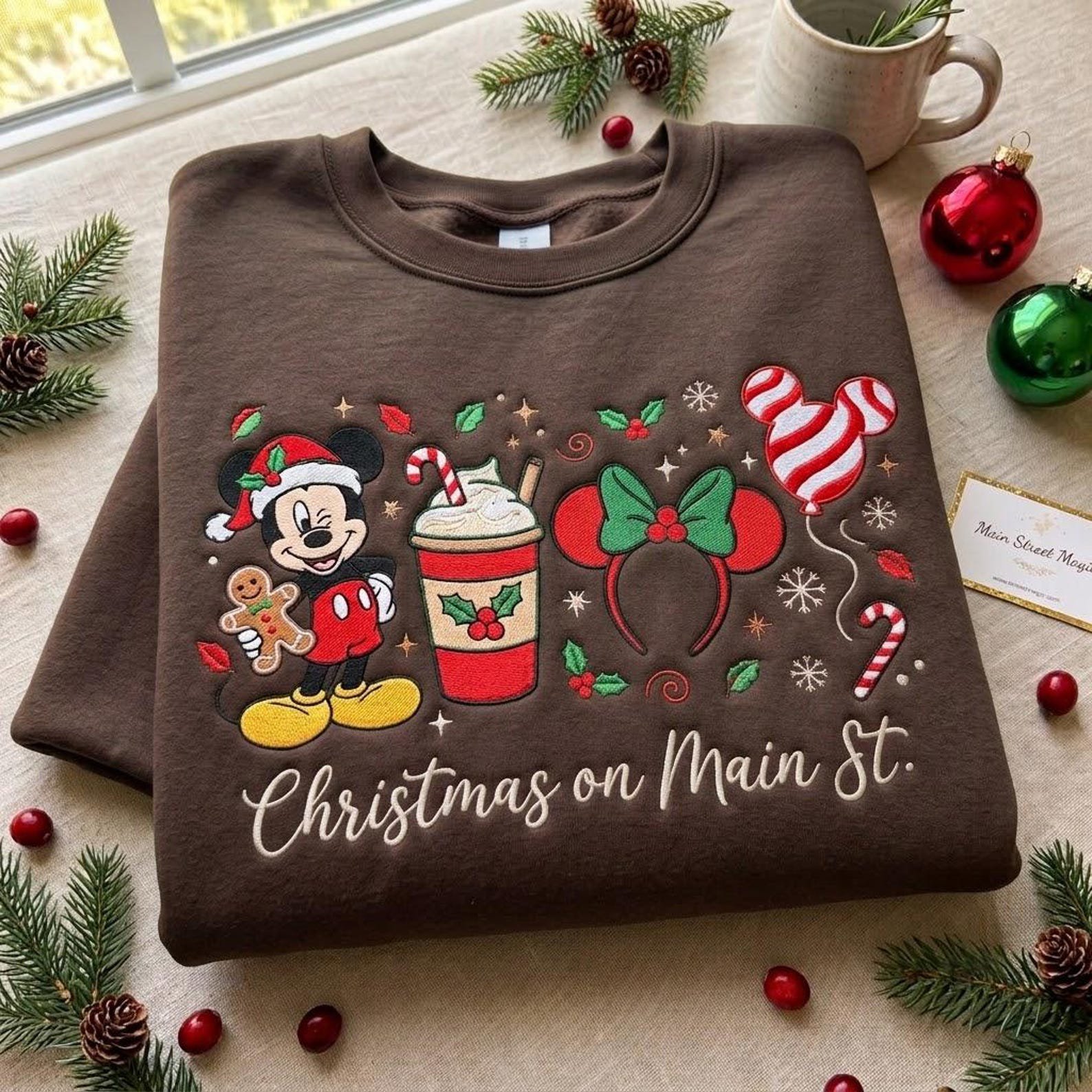 Christmas on Main St Embroidered Sweatshirt, Festive Mouse Holiday Crewneck, Gingerbread Coffee Candy Cane Design, Magical Winter Trip Gift 1