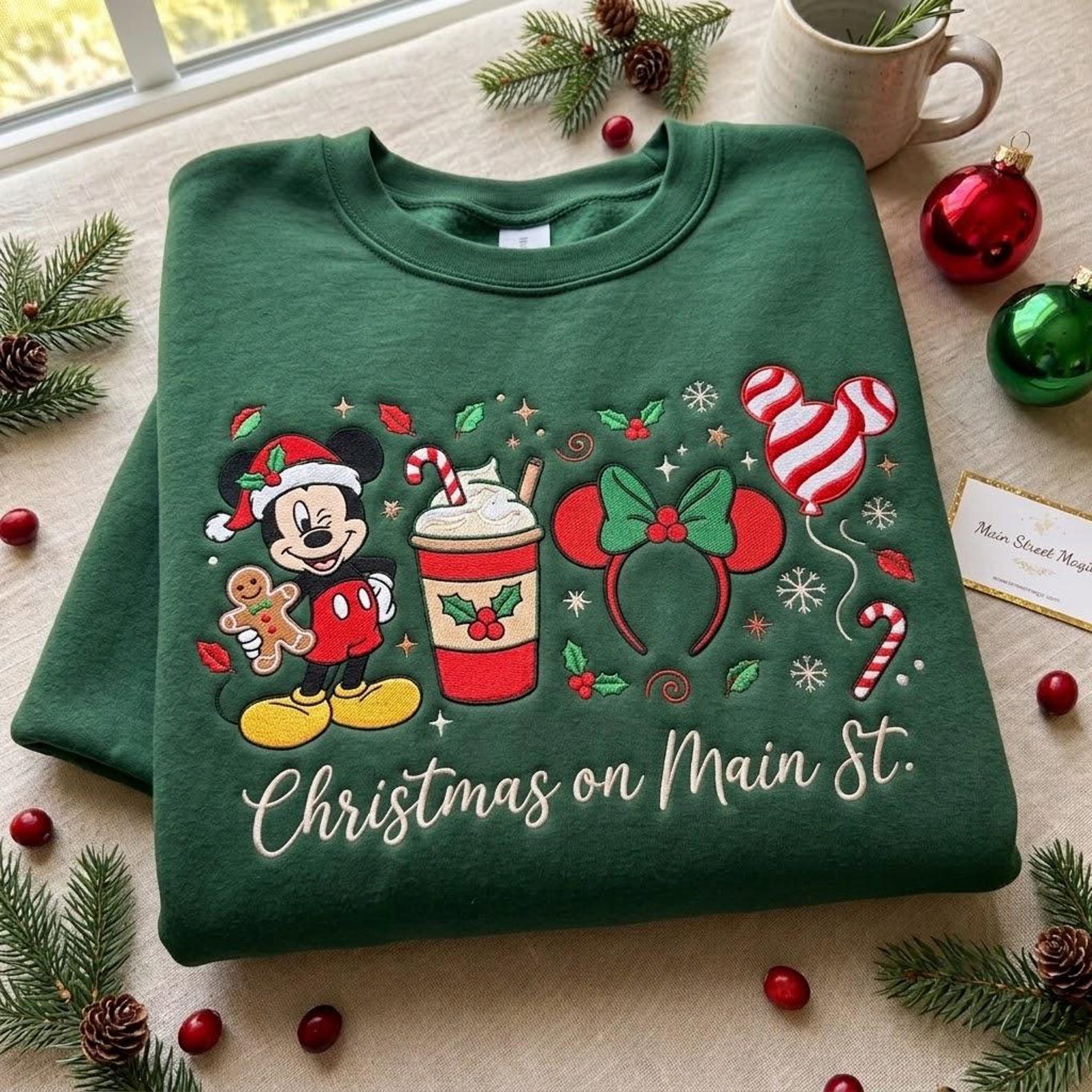 Christmas on Main St Embroidered Sweatshirt, Festive Mouse Holiday Crewneck, Gingerbread Coffee Candy Cane Design, Magical Winter Trip Gift 3
