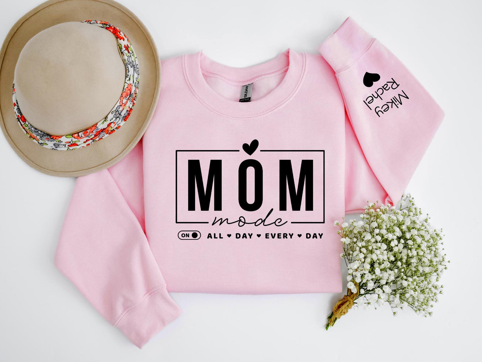 Mom Mode On Shirt with Kid’s Names on Sleeve, Mother’s Day Gift, Custom Valentines Mama Gift, Personalized Just Because Gift for Mother 3