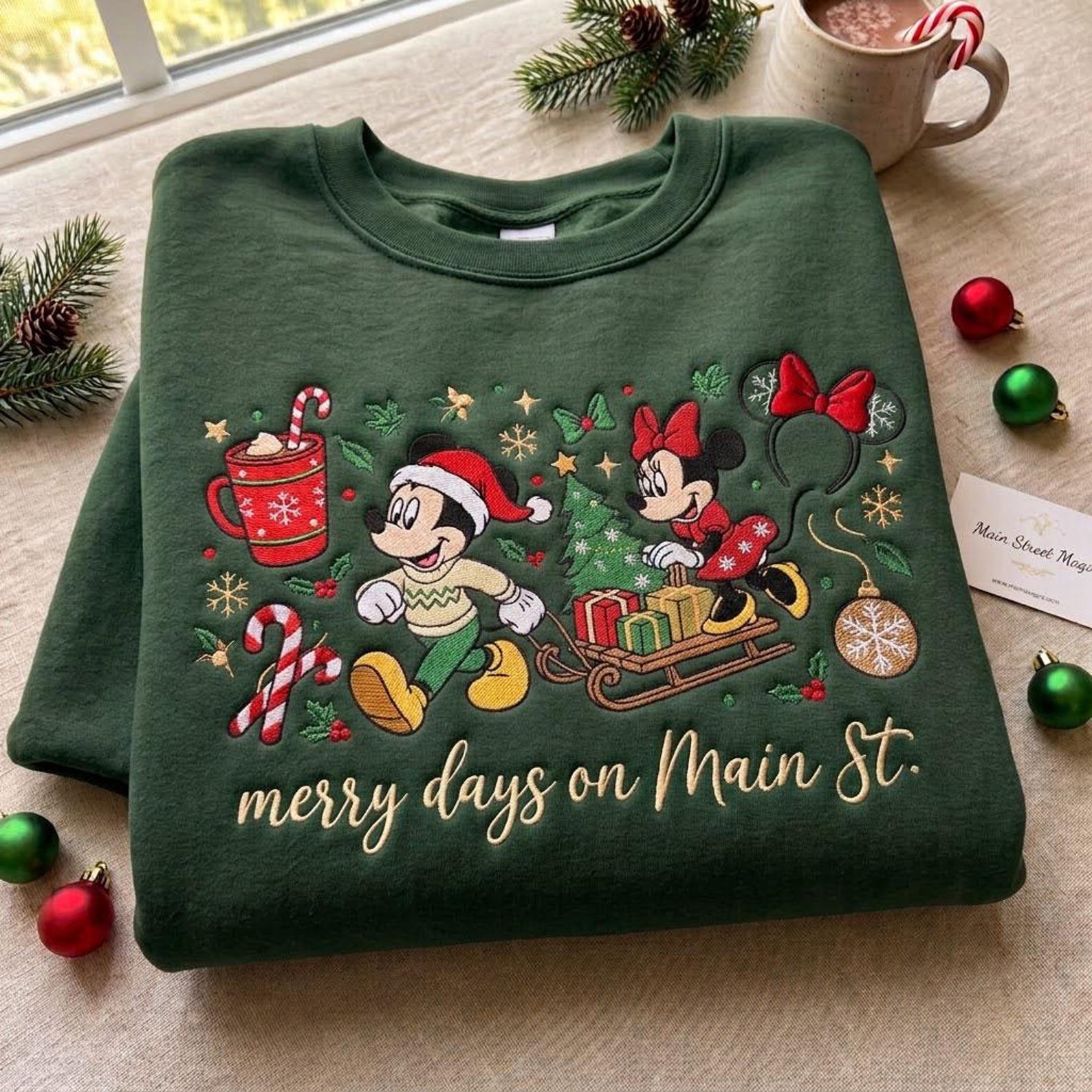 Merry Days on Main St Embroidered Sweatshirt, Christmas Mouse Friends Crewneck, Festive Holiday Sled Design, Magical Winter Trip Gift 1