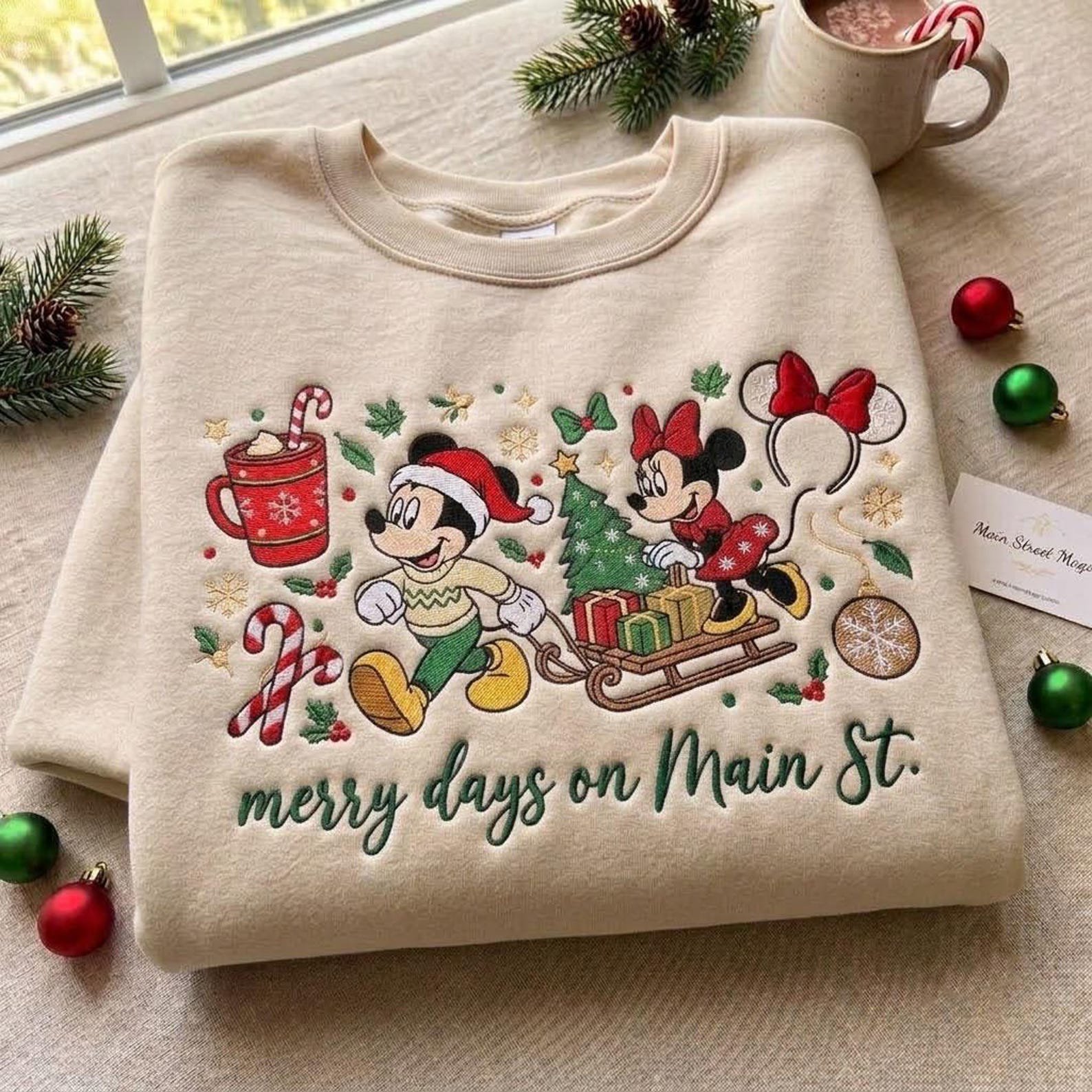 Merry Days on Main St Embroidered Sweatshirt, Christmas Mouse Friends Crewneck, Festive Holiday Sled Design, Magical Winter Trip Gift 2