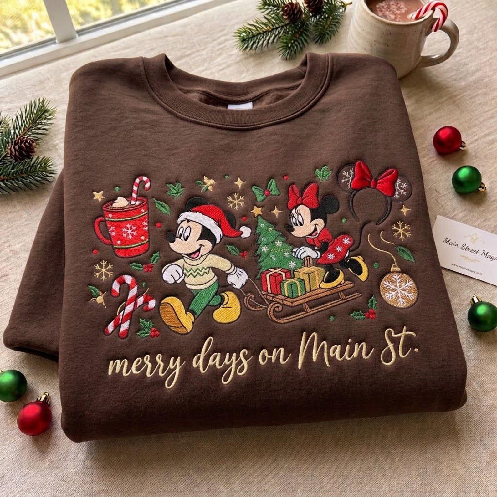 Merry Days on Main St Embroidered Sweatshirt, Christmas Mouse Friends Crewneck, Festive Holiday Sled Design, Magical Winter Trip Gift 3