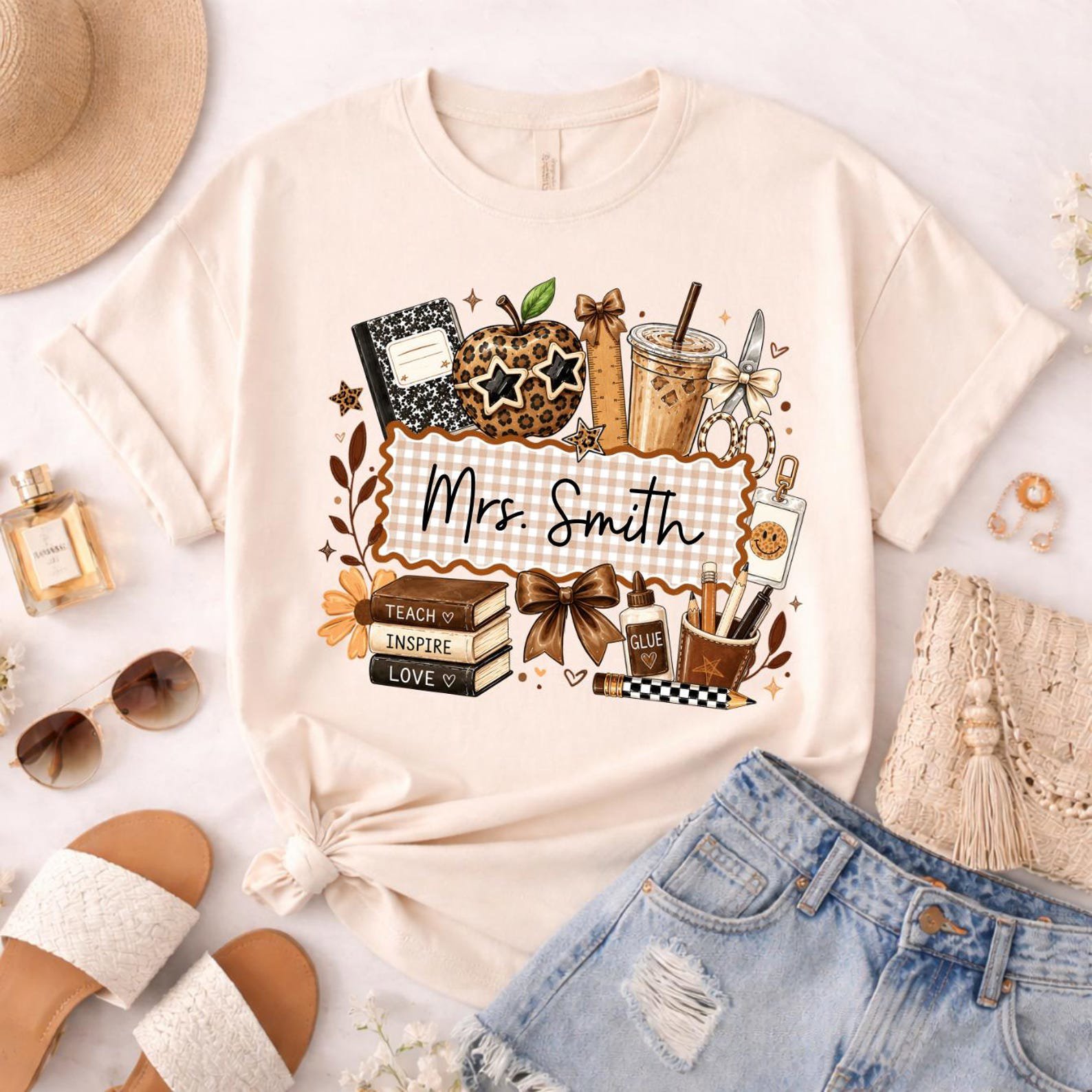 Custom Name Teacher Back to School Shirts, Personalized Cute Leopard Print School Apparel 5