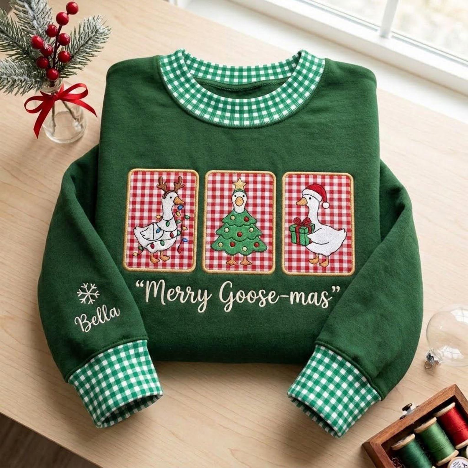 Christmas Goose Applique Gingham Mock Neck Sweatshirt, Merry Goosemas Crewneck, Personalized Goose Holiday Shirt, Cute Festive Gift 3