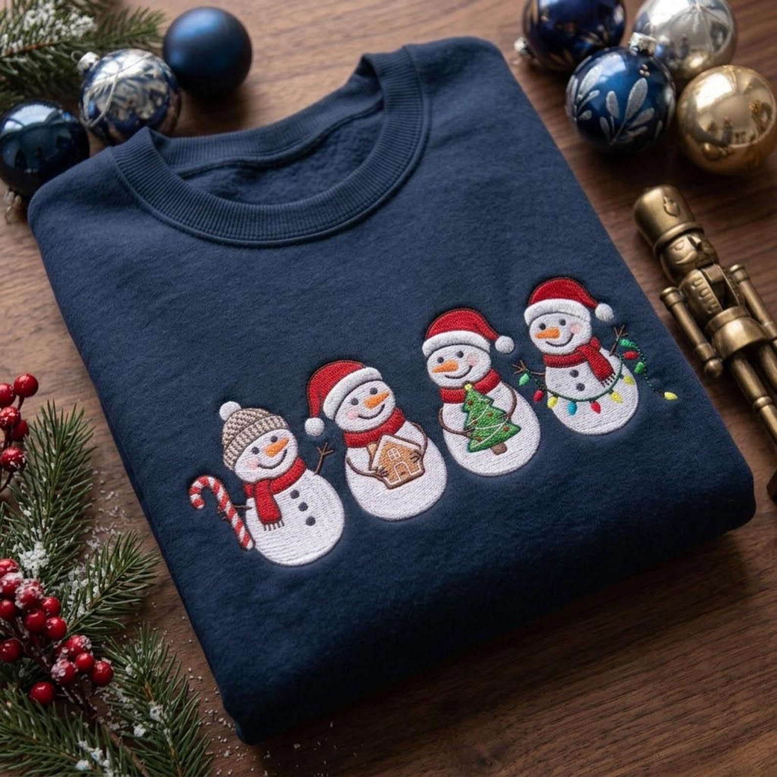 Embroidered Snowman Christmas Sweatshirt, Cute Winter Holiday Crewneck, Candy Cane Gingerbread Tree Snowmen Christmas Gift 2