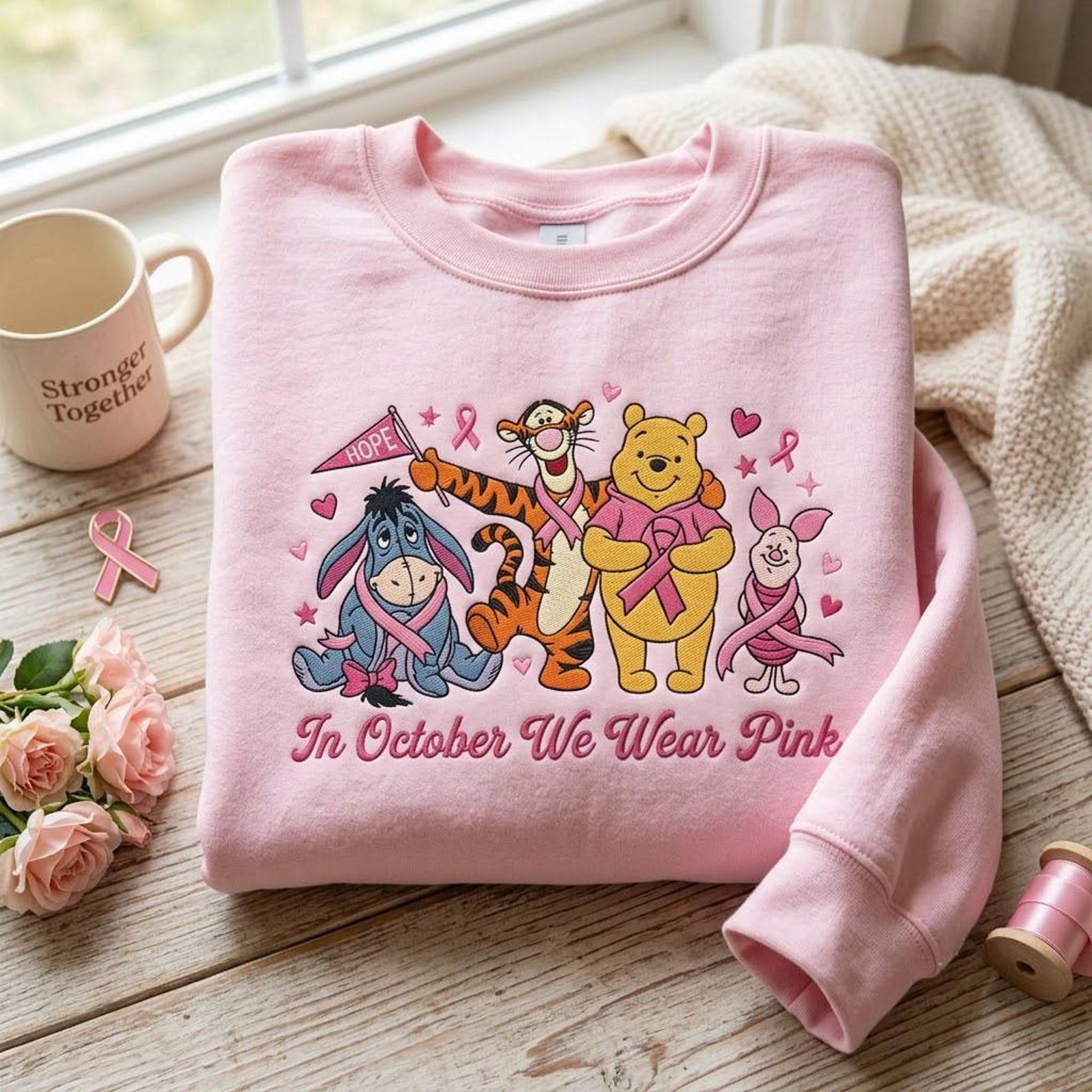 In October We Wear Pink Embroidered Sweatshirt, Breast Cancer Awareness Crewneck, Cute Cartoon Friends Support Shirt, October Gift 1