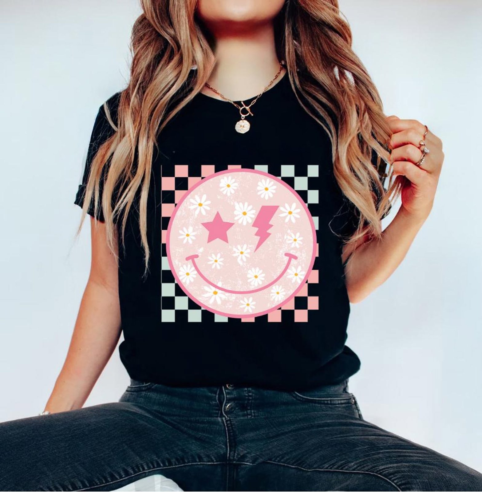 Checkered Smiley Face Shirt, Smiley Face Tee, Smiley Face T-shirt,Gift for Her, Funny Shirt,Checkered Shirt,Checkered Tee, Trendy Checkered 2