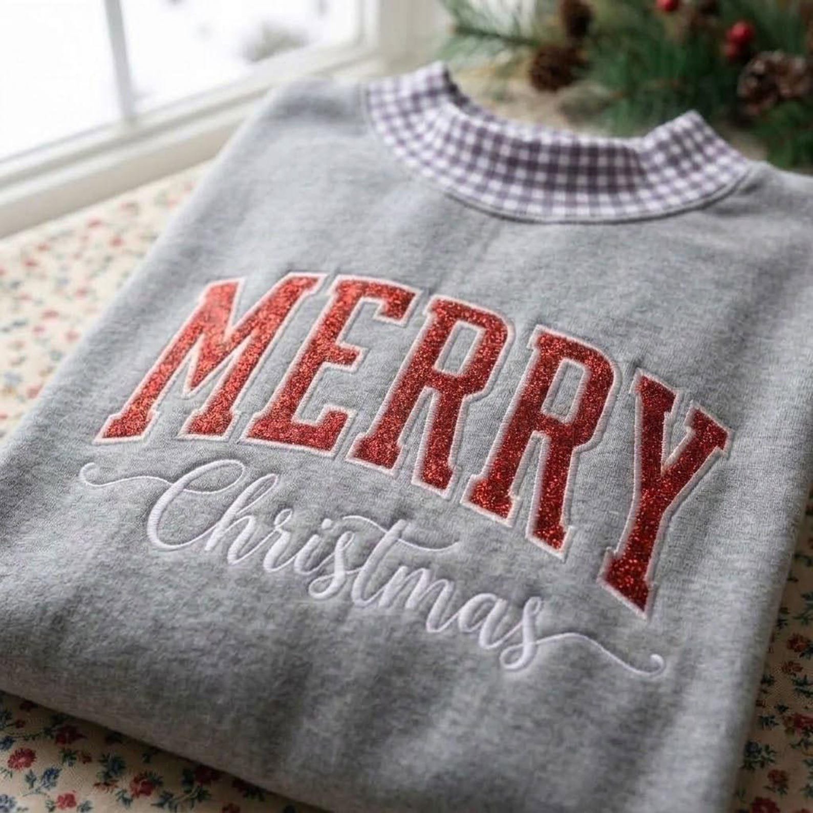 Glitter Merry Christmas Sweatshirt, Mock Neck Sweatshirt, Gingham Christmas Crewneck, Embroidered Holiday Sweater, Christmas Gift 4