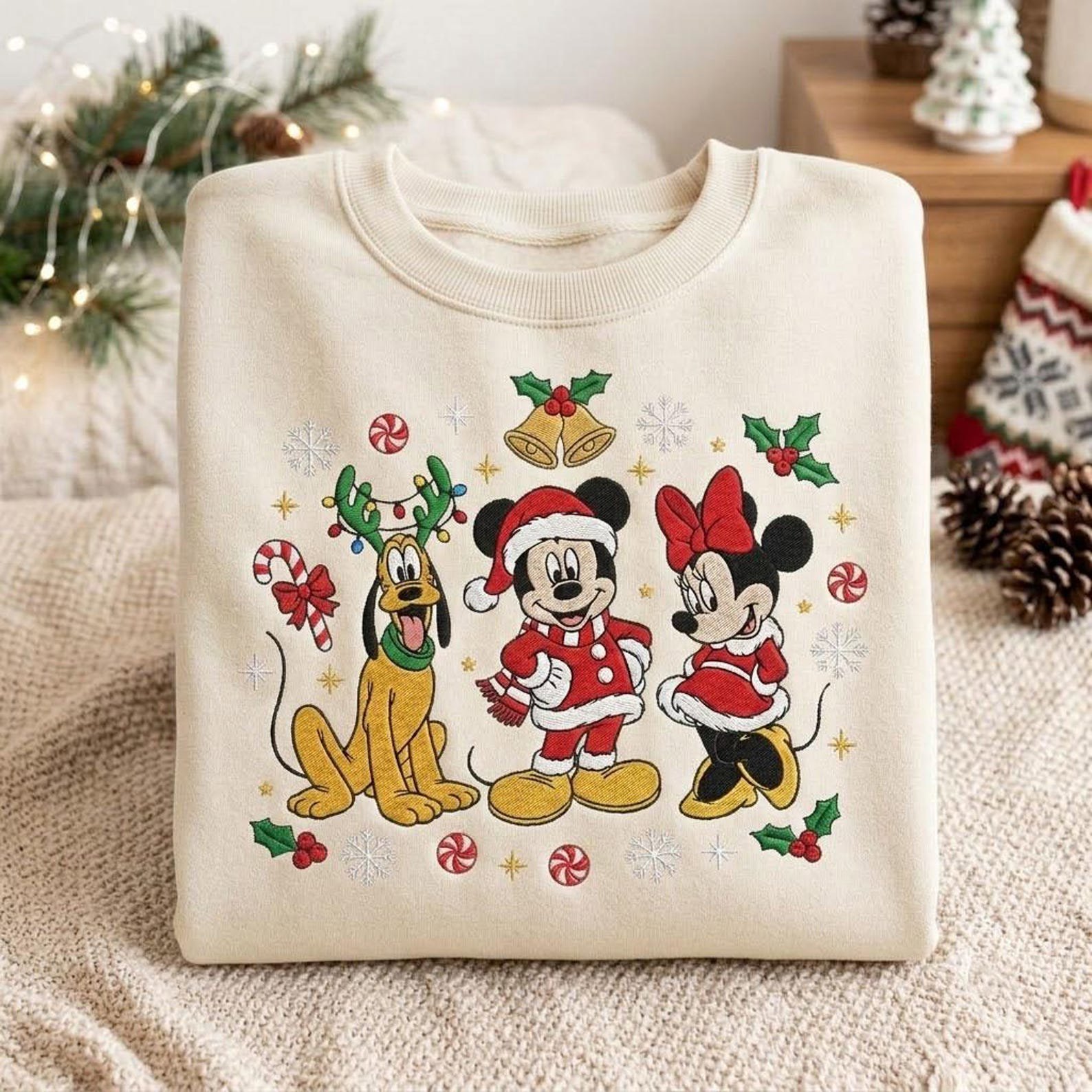 Embroidered Christmas Mouse Friends Sweatshirt, Festive Holiday Character Crewneck, Santa Outfit Winter Shirt, Cute Cartoon Christmas Gift 2