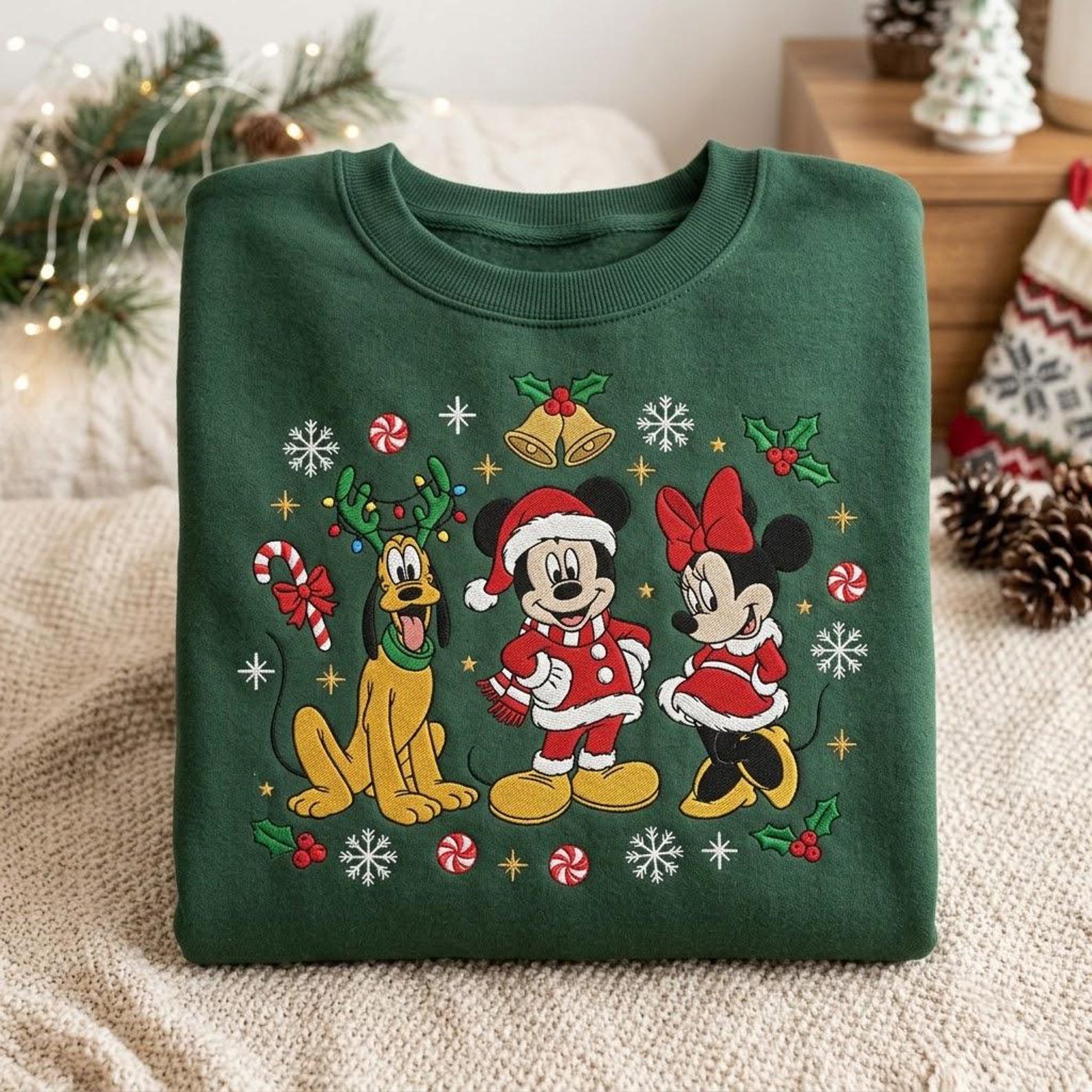 Embroidered Christmas Mouse Friends Sweatshirt, Festive Holiday Character Crewneck, Santa Outfit Winter Shirt, Cute Cartoon Christmas Gift 4