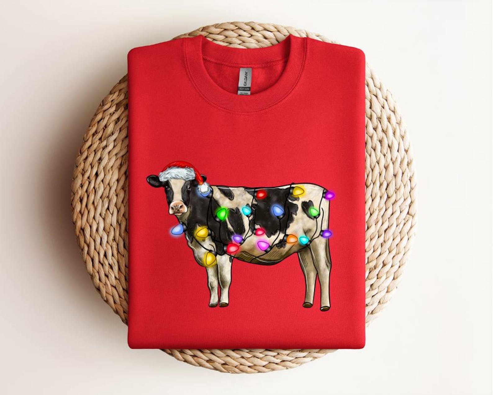 Funny Christmas Cow Shirt, Holiday Farm Animal Tee, Cow with Santa Hat and Lights, Cute Farmer Xmas Gift, Festive Cow Lover Shirt 1