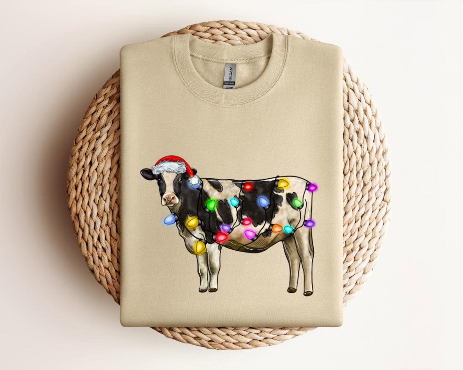 Funny Christmas Cow Shirt, Holiday Farm Animal Tee, Cow with Santa Hat and Lights, Cute Farmer Xmas Gift, Festive Cow Lover Shirt 2