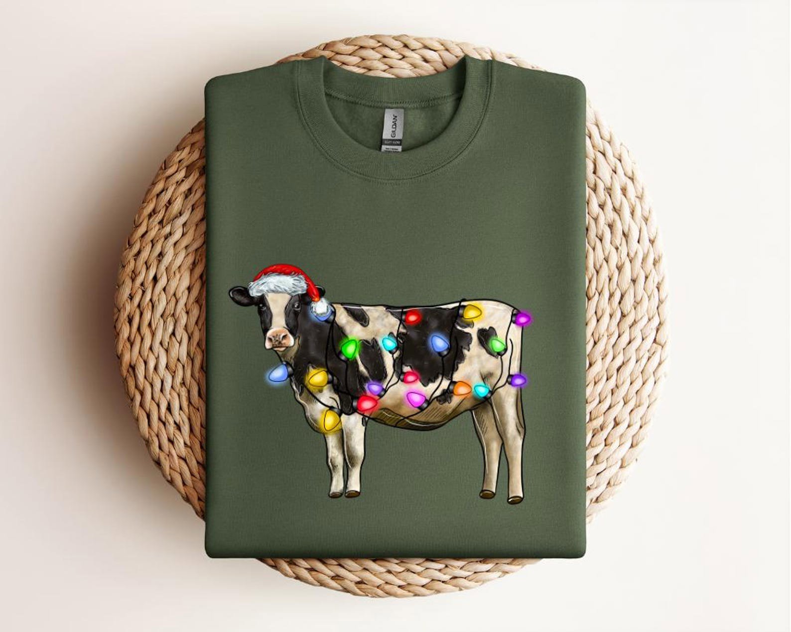 Funny Christmas Cow Shirt, Holiday Farm Animal Tee, Cow with Santa Hat and Lights, Cute Farmer Xmas Gift, Festive Cow Lover Shirt 3