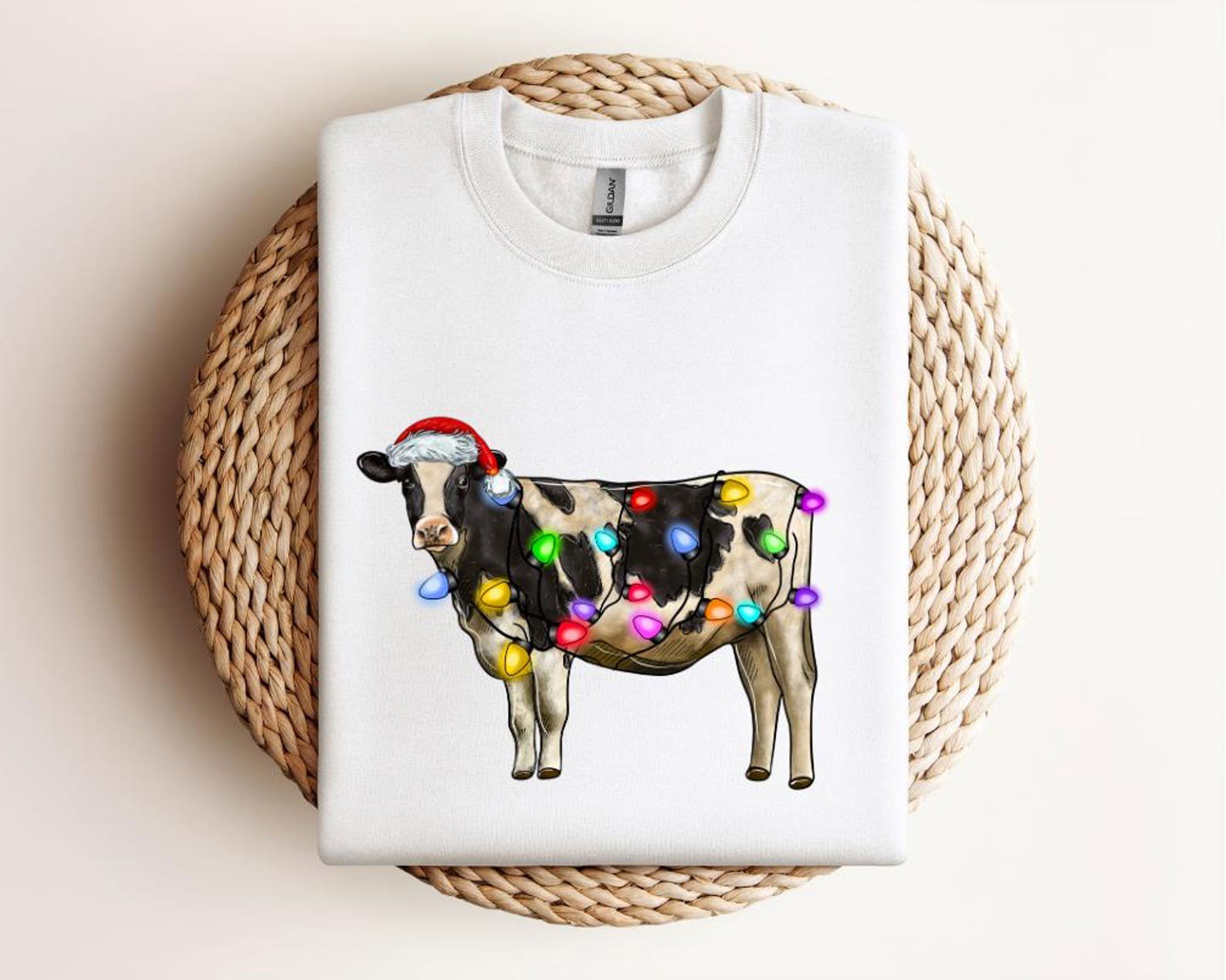 Funny Christmas Cow Shirt, Holiday Farm Animal Tee, Cow with Santa Hat and Lights, Cute Farmer Xmas Gift, Festive Cow Lover Shirt 4