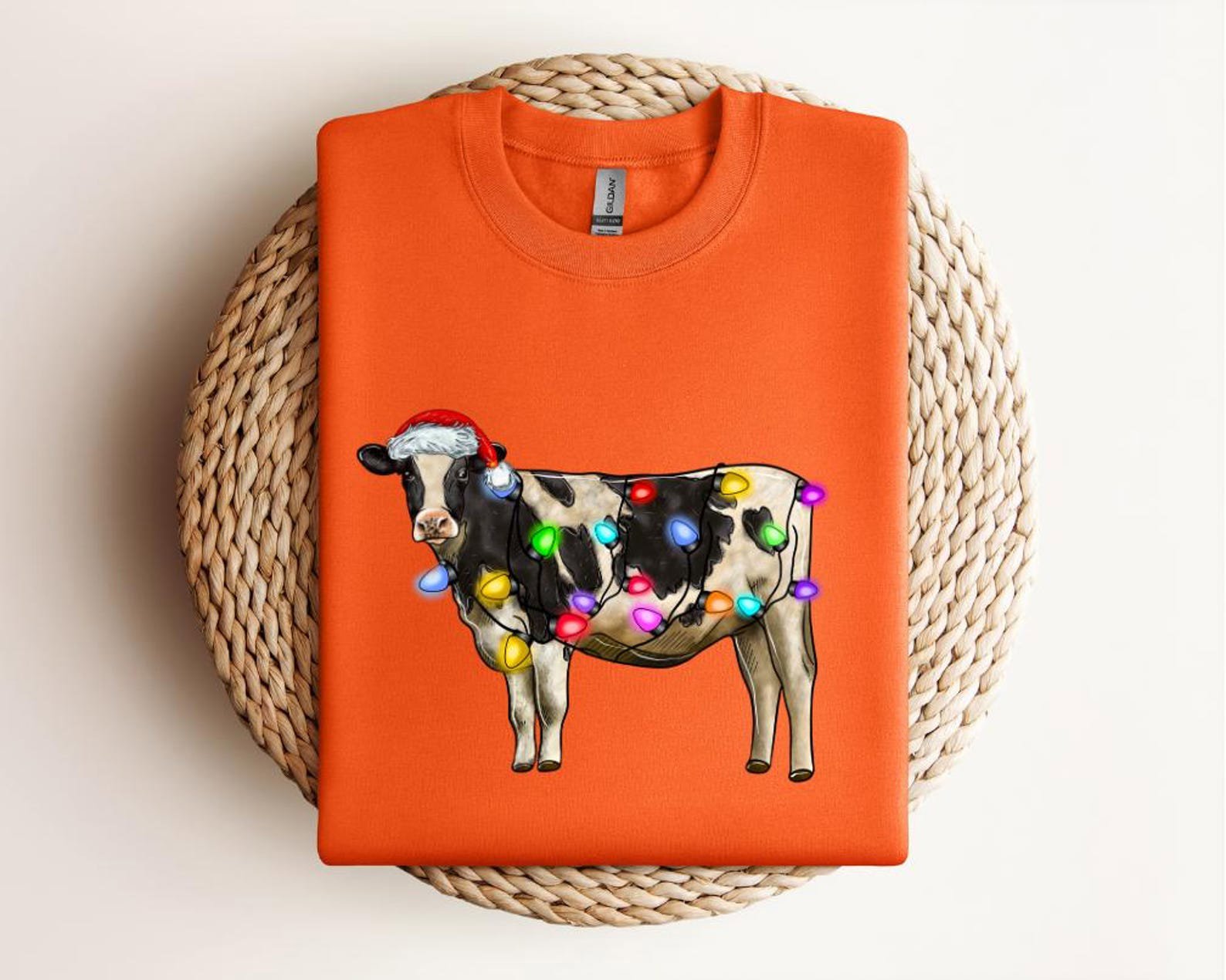 Funny Christmas Cow Shirt, Holiday Farm Animal Tee, Cow with Santa Hat and Lights, Cute Farmer Xmas Gift, Festive Cow Lover Shirt 5