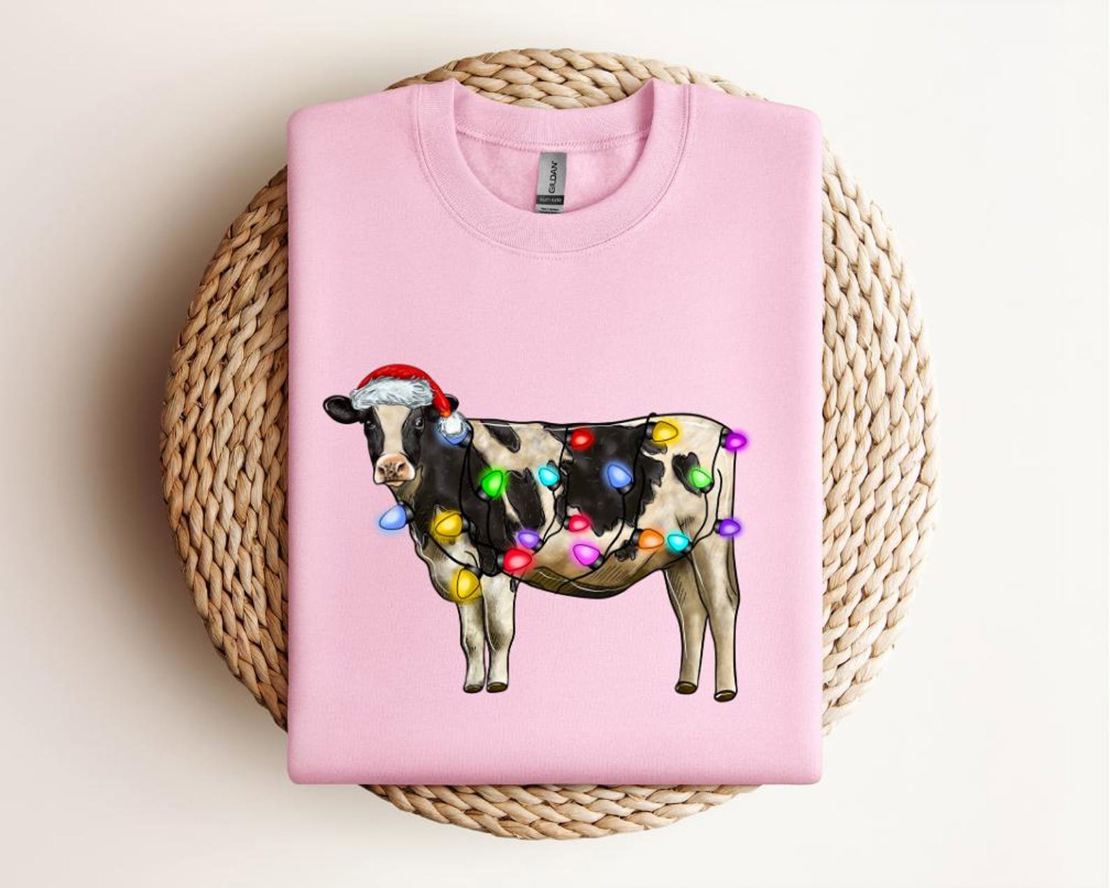 Funny Christmas Cow Shirt, Holiday Farm Animal Tee, Cow with Santa Hat and Lights, Cute Farmer Xmas Gift, Festive Cow Lover Shirt 6